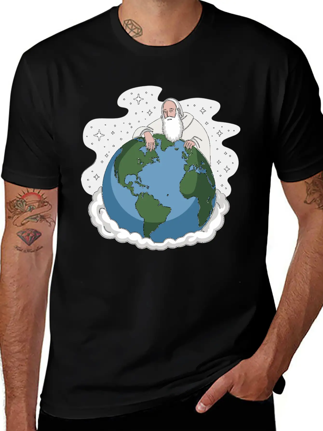 God Looking Over The Earth On Cloud Starry Night Unisex Short Sleeve Soft Cotton T-Shirt – Casual Everyday Wear