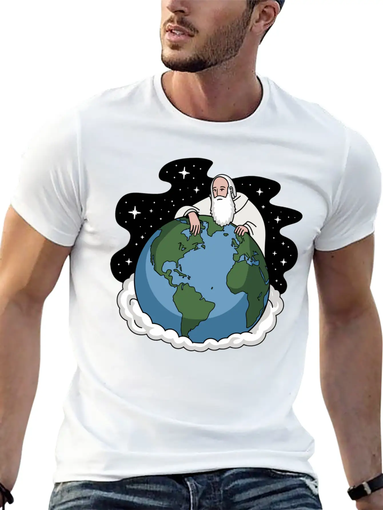 God Looking Over The Earth On Cloud Starry Night Unisex Short Sleeve Soft Cotton T-Shirt – Casual Everyday Wear
