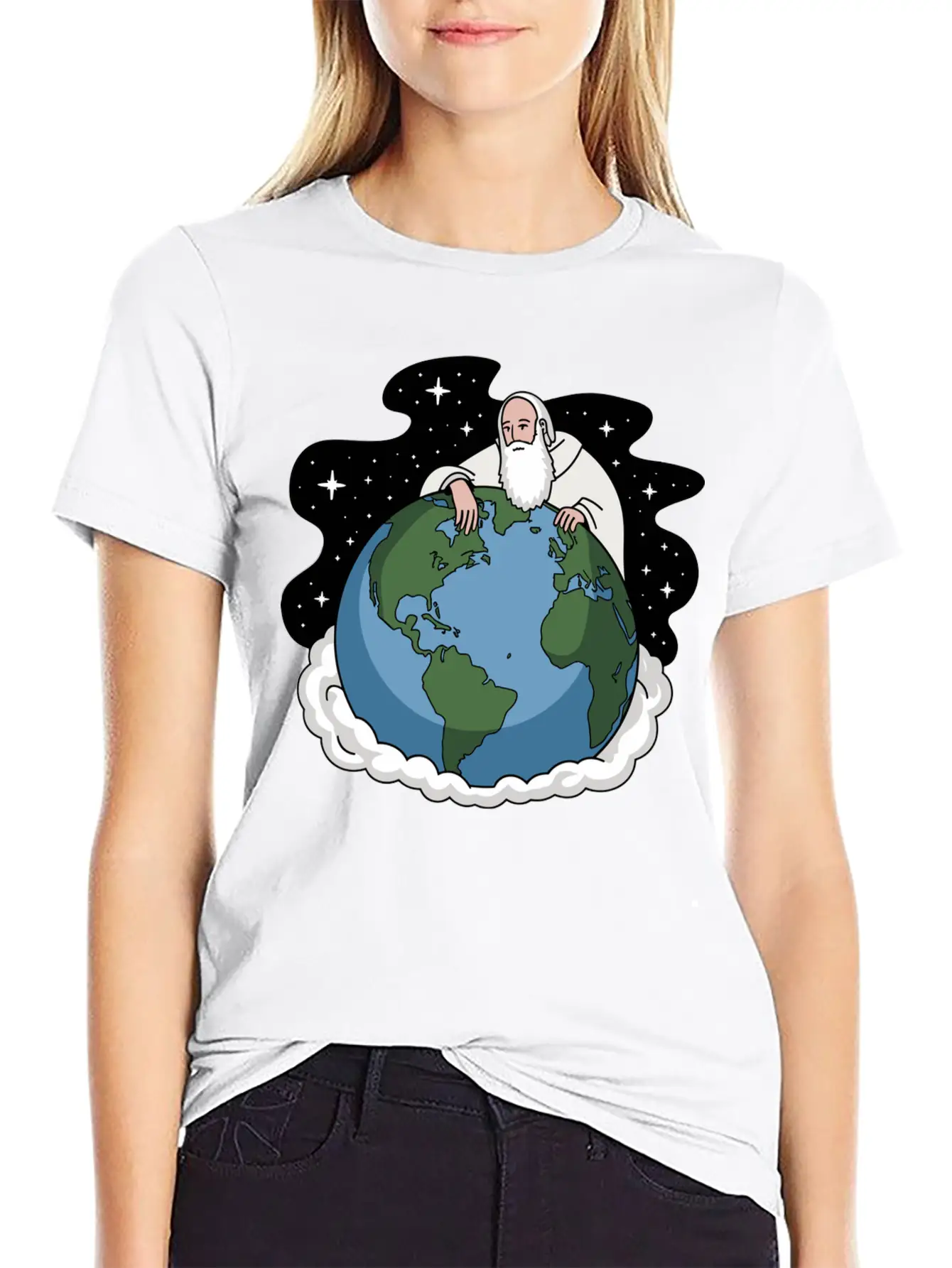 God Looking Over The Earth On Cloud Starry Night Unisex Short Sleeve Soft Cotton T-Shirt – Casual Everyday Wear