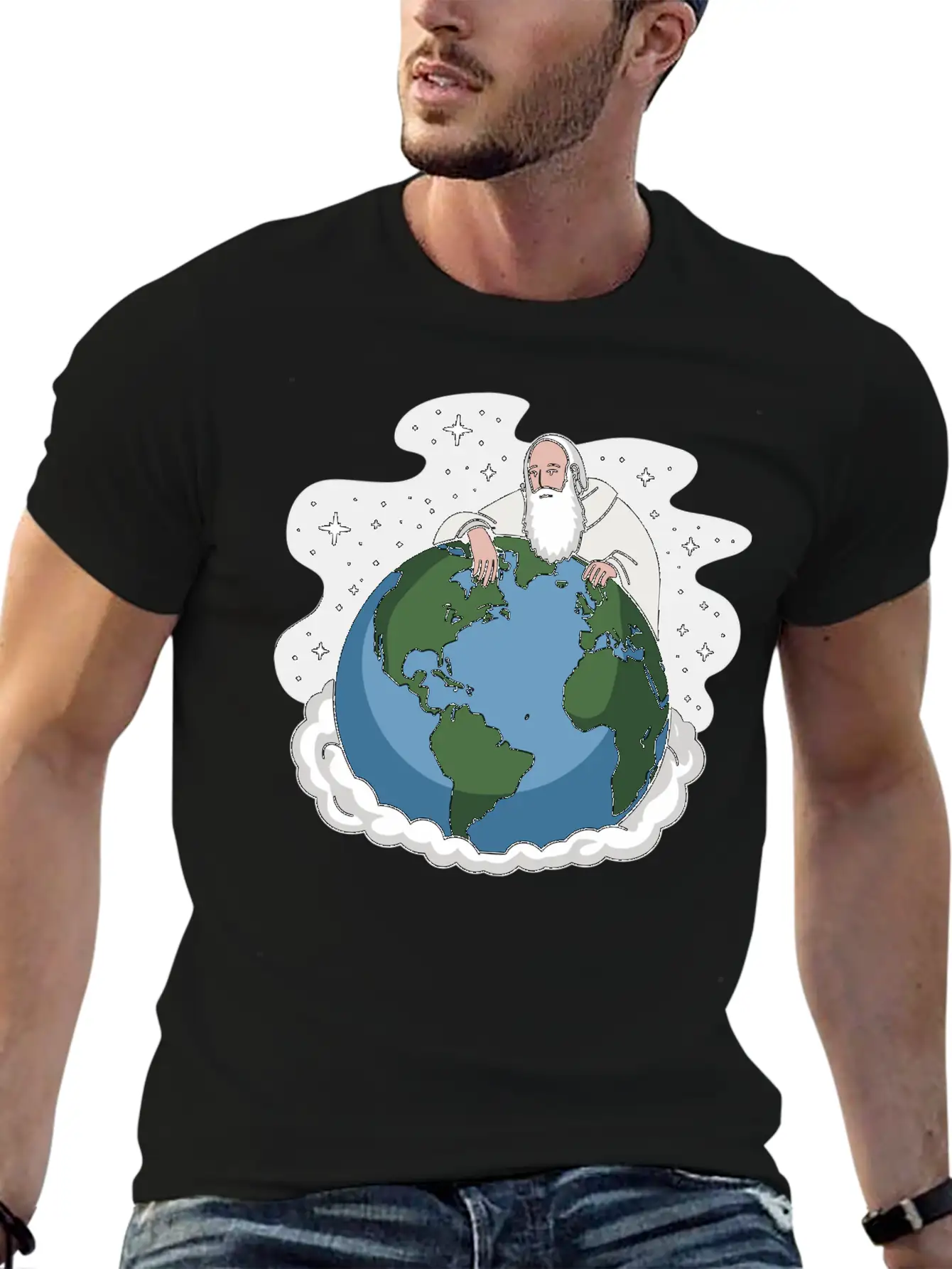 God Looking Over The Earth On Cloud Starry Night Unisex Short Sleeve Soft Cotton T-Shirt – Casual Everyday Wear
