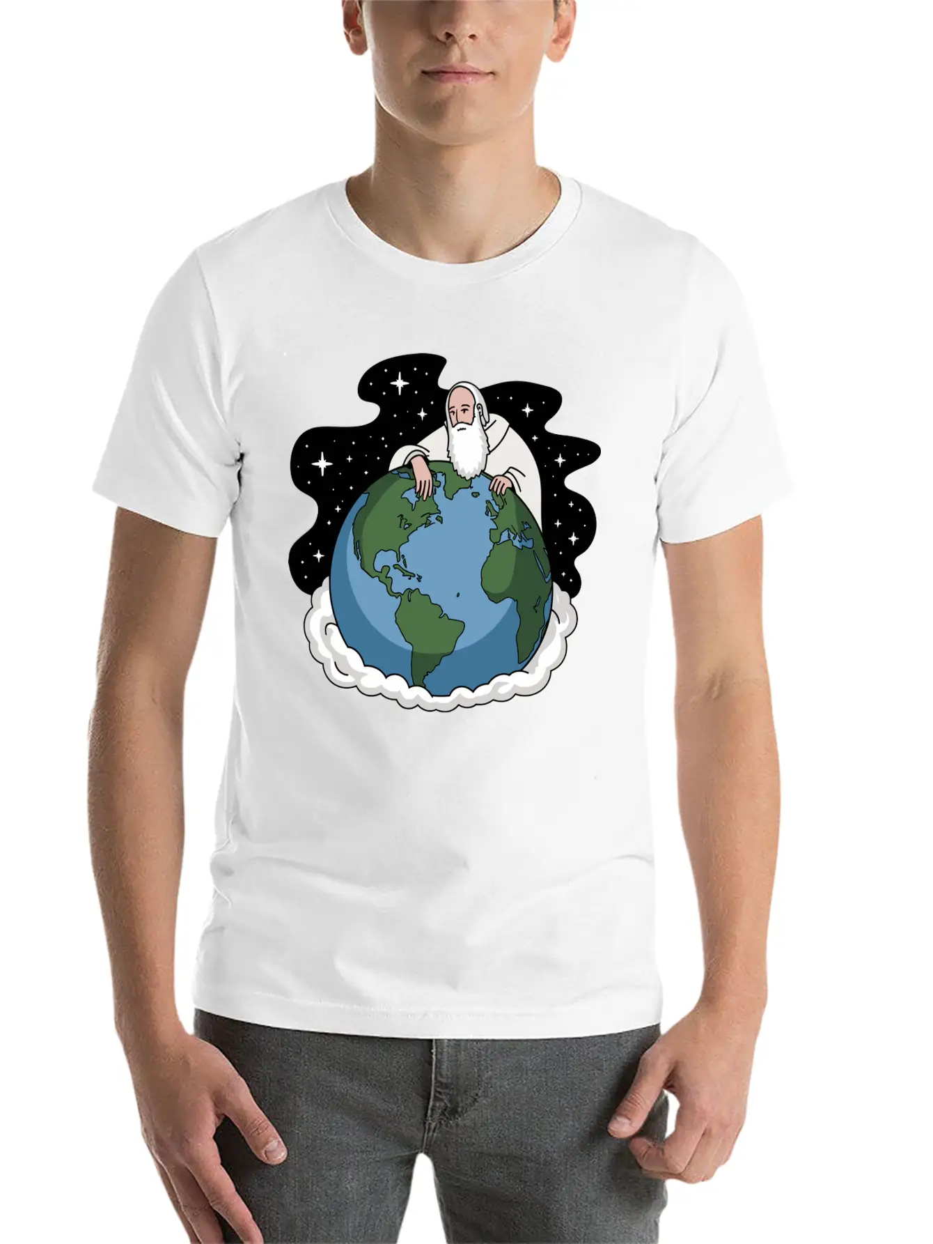 God Looking Over The Earth On Cloud Starry Night Unisex Short Sleeve Soft Cotton T-Shirt – Casual Everyday Wear