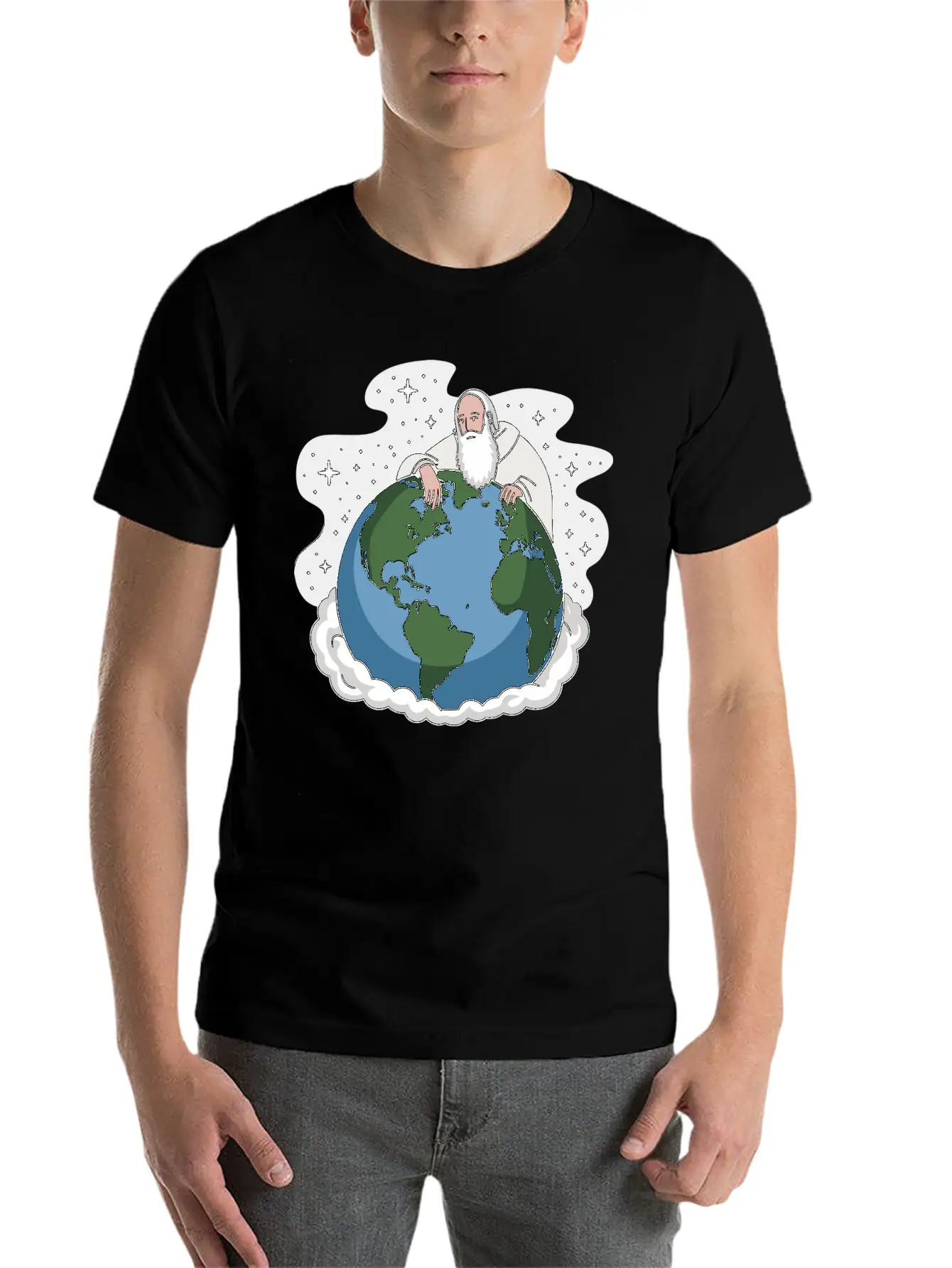 God Looking Over The Earth On Cloud Starry Night Unisex Short Sleeve Soft Cotton T-Shirt – Casual Everyday Wear