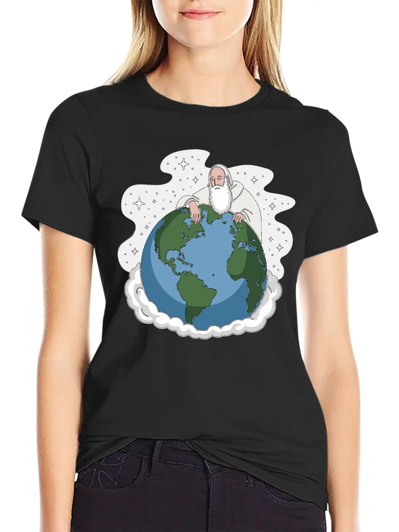 God Looking Over The Earth On Cloud Starry Night Unisex Short Sleeve Soft Cotton T-Shirt – Casual Everyday Wear