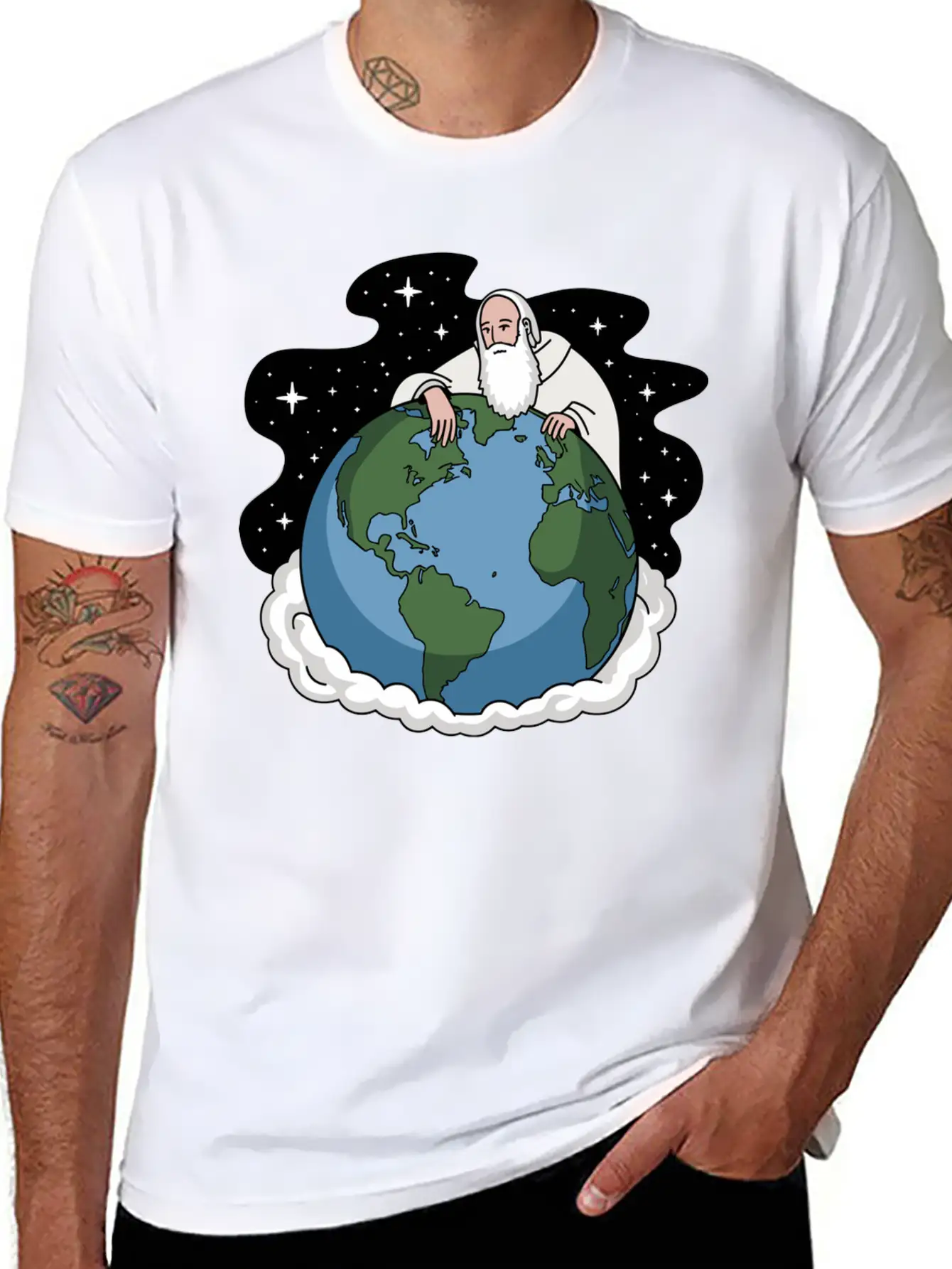 God Looking Over The Earth On Cloud Starry Night Unisex Short Sleeve Soft Cotton T-Shirt – Casual Everyday Wear