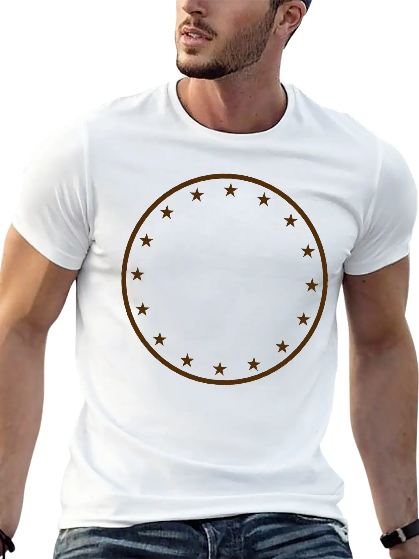 Gold Circle Star Frame Round Ring Shield Emblem De Stylish Everyday T-Shirt – Unisex Basic Cotton Tee