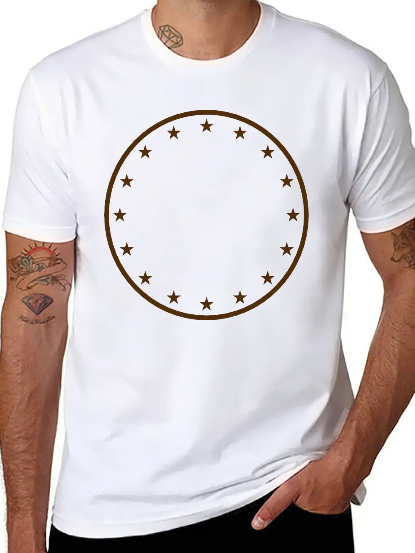 Gold Circle Star Frame Round Ring Shield Emblem De Stylish Everyday T-Shirt – Unisex Basic Cotton Tee