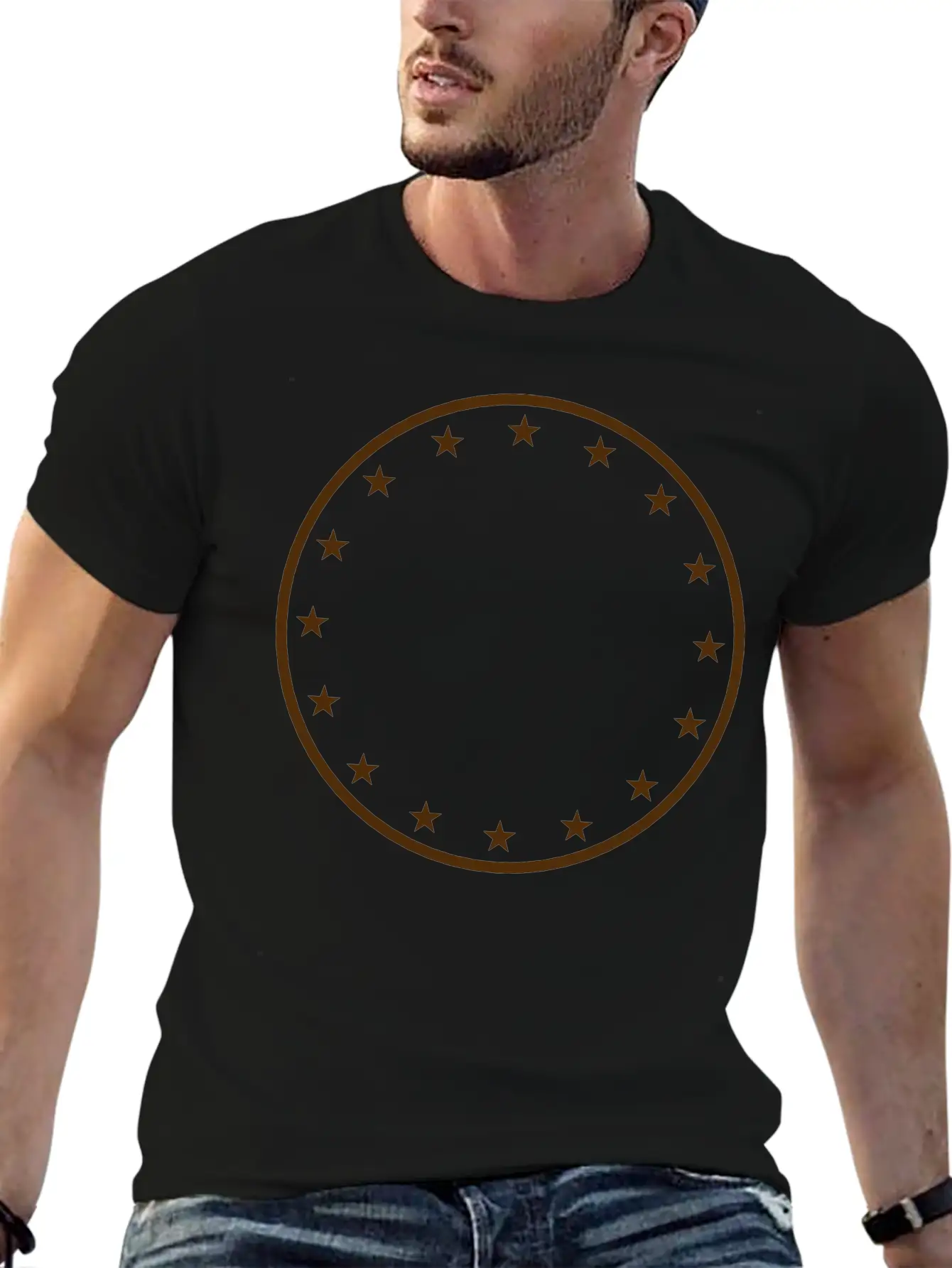 Gold Circle Star Frame Round Ring Shield Emblem De Stylish Everyday T-Shirt – Unisex Basic Cotton Tee