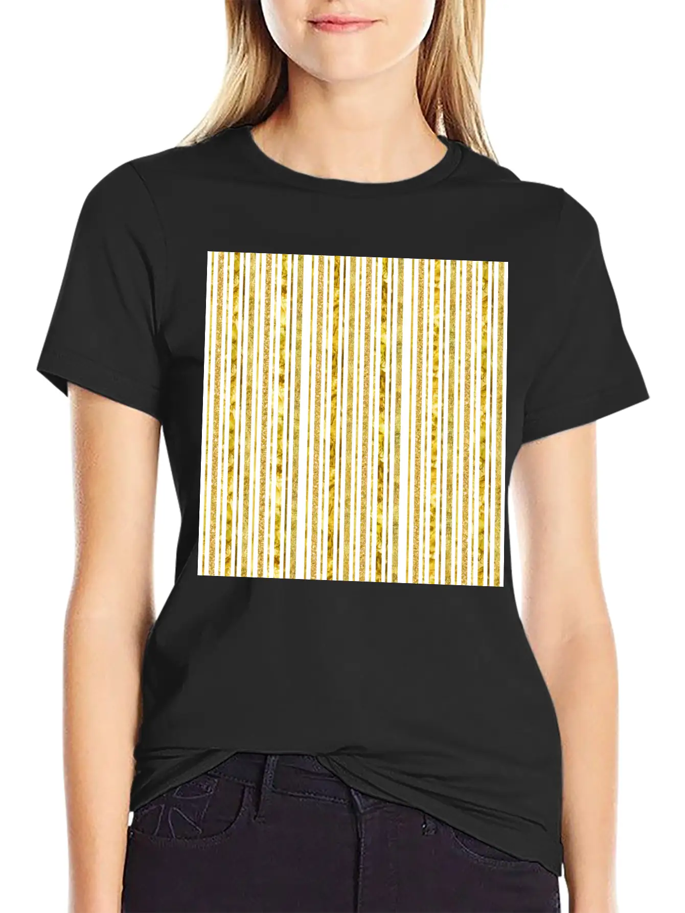 Gold Glitter Foil Stripes Timeless Short Sleeve Tee – Comfy And Minimalist Design