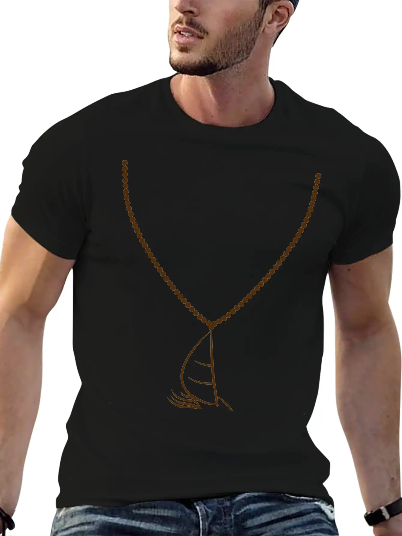 Gold Necklace Jewelry Sea Waves Boat Sailing Ship Stylish Everyday T-Shirt – Unisex Basic Cotton Tee