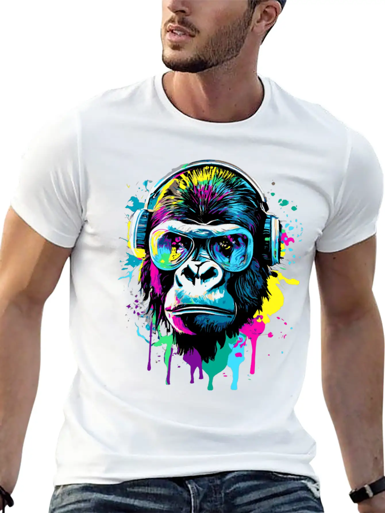 Gorilla With Headphones - Gorilla Illustration Timeless Short Sleeve Tee – Comfy And Minimalist Design