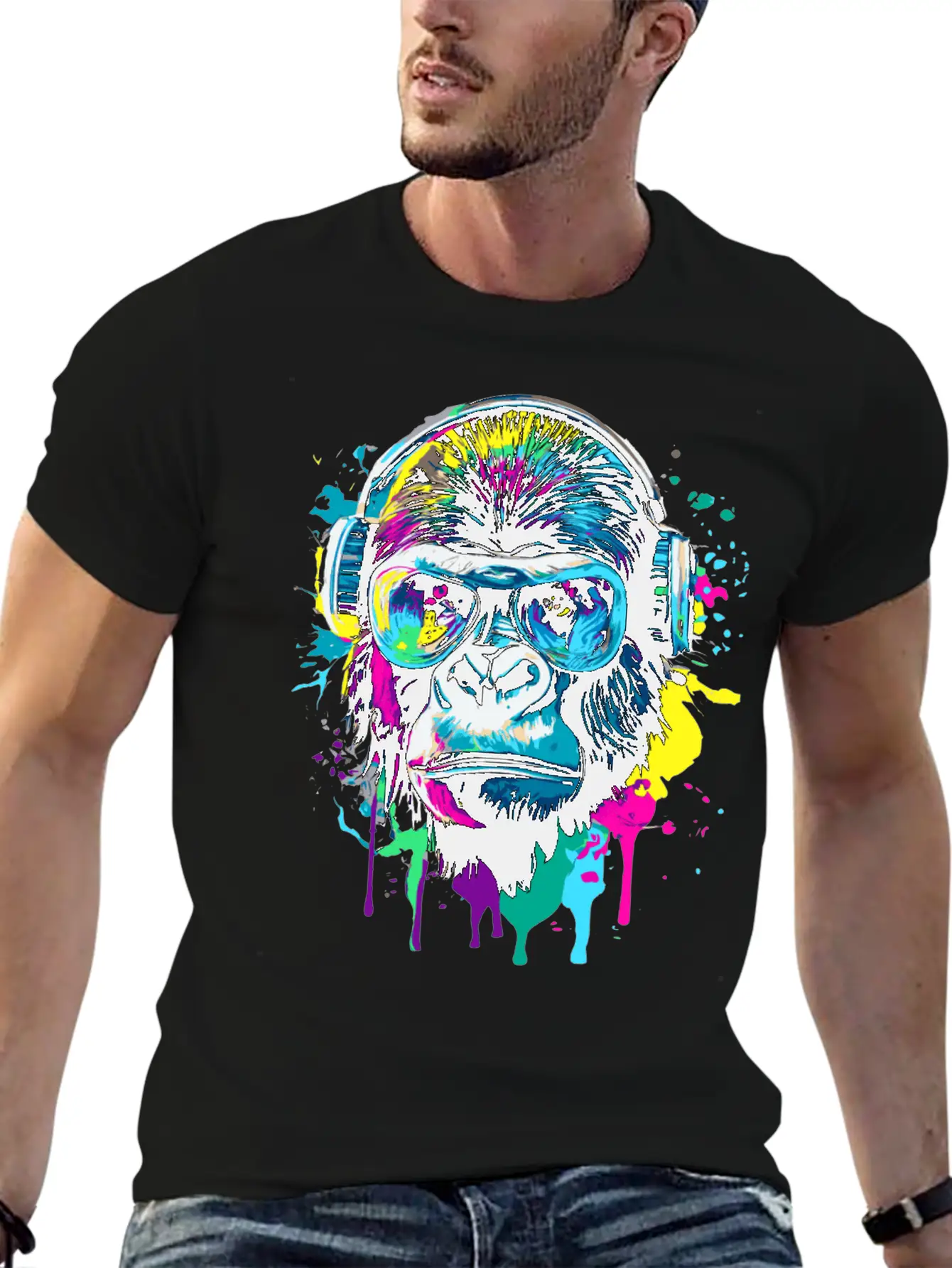 Gorilla With Headphones - Gorilla Illustration Timeless Short Sleeve Tee – Comfy And Minimalist Design