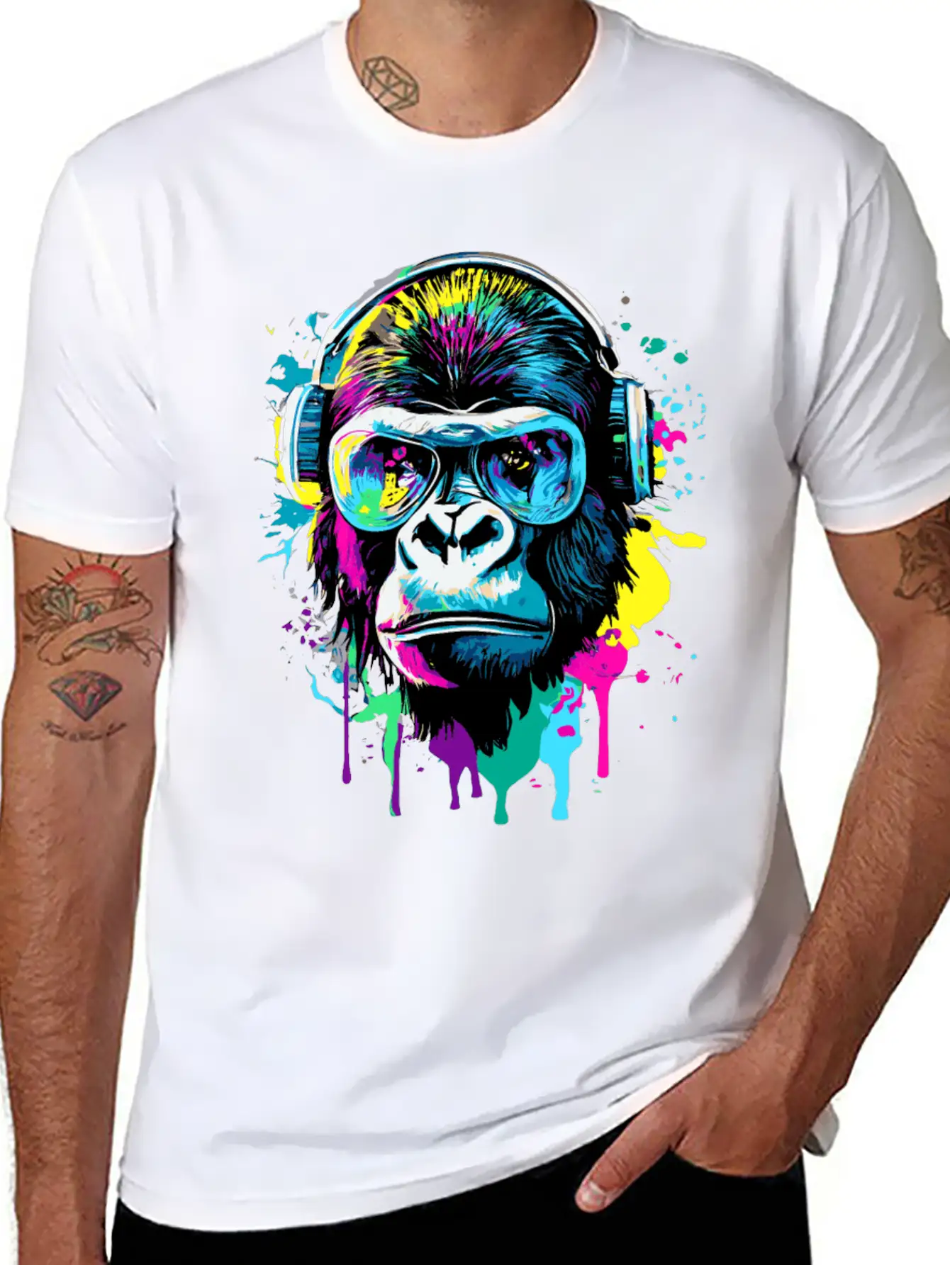 Gorilla With Headphones - Gorilla Illustration Timeless Short Sleeve Tee – Comfy And Minimalist Design
