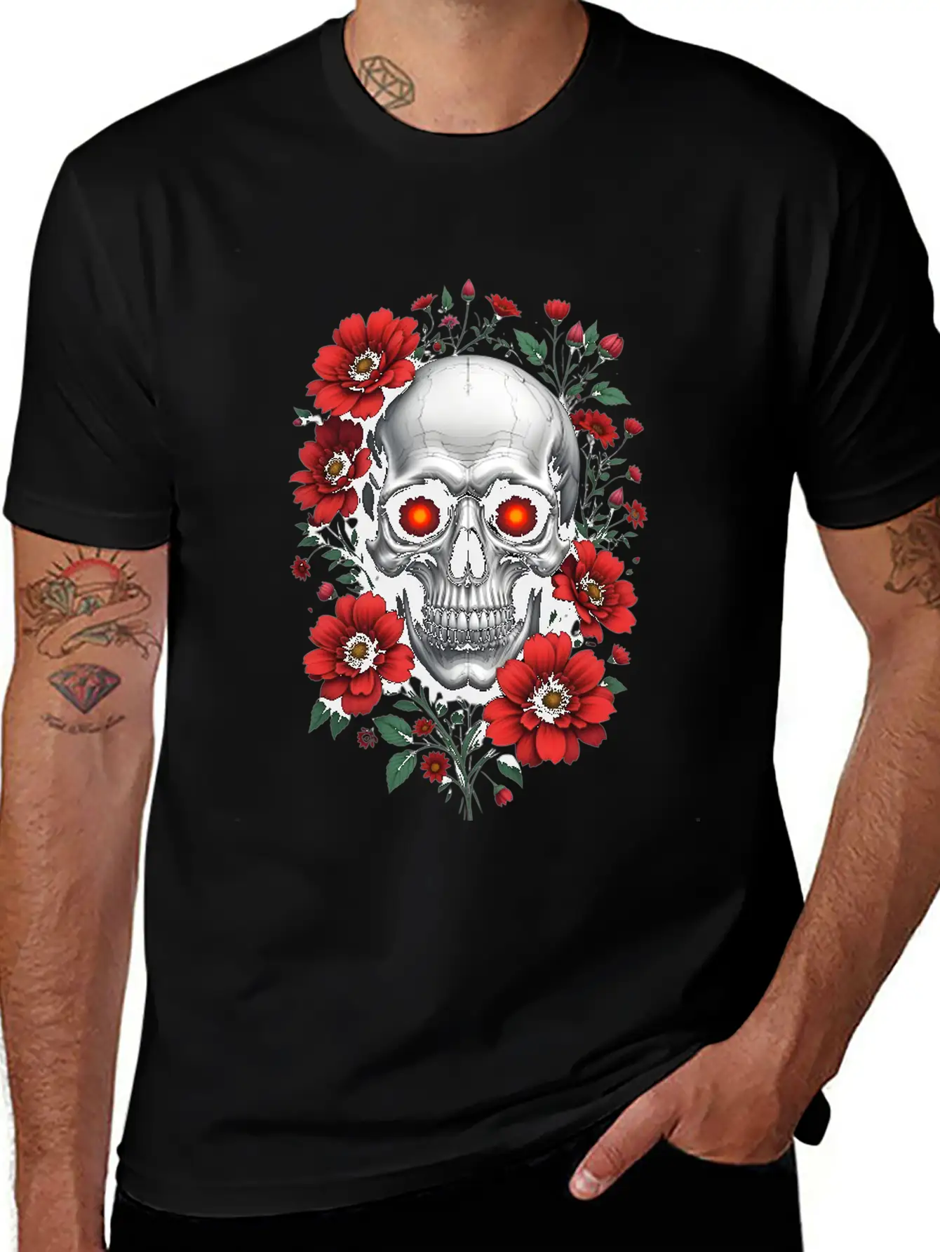 Gothic Skull And Red Floral Edgy Artistic Stylish Everyday T-Shirt – Unisex Basic Cotton Tee