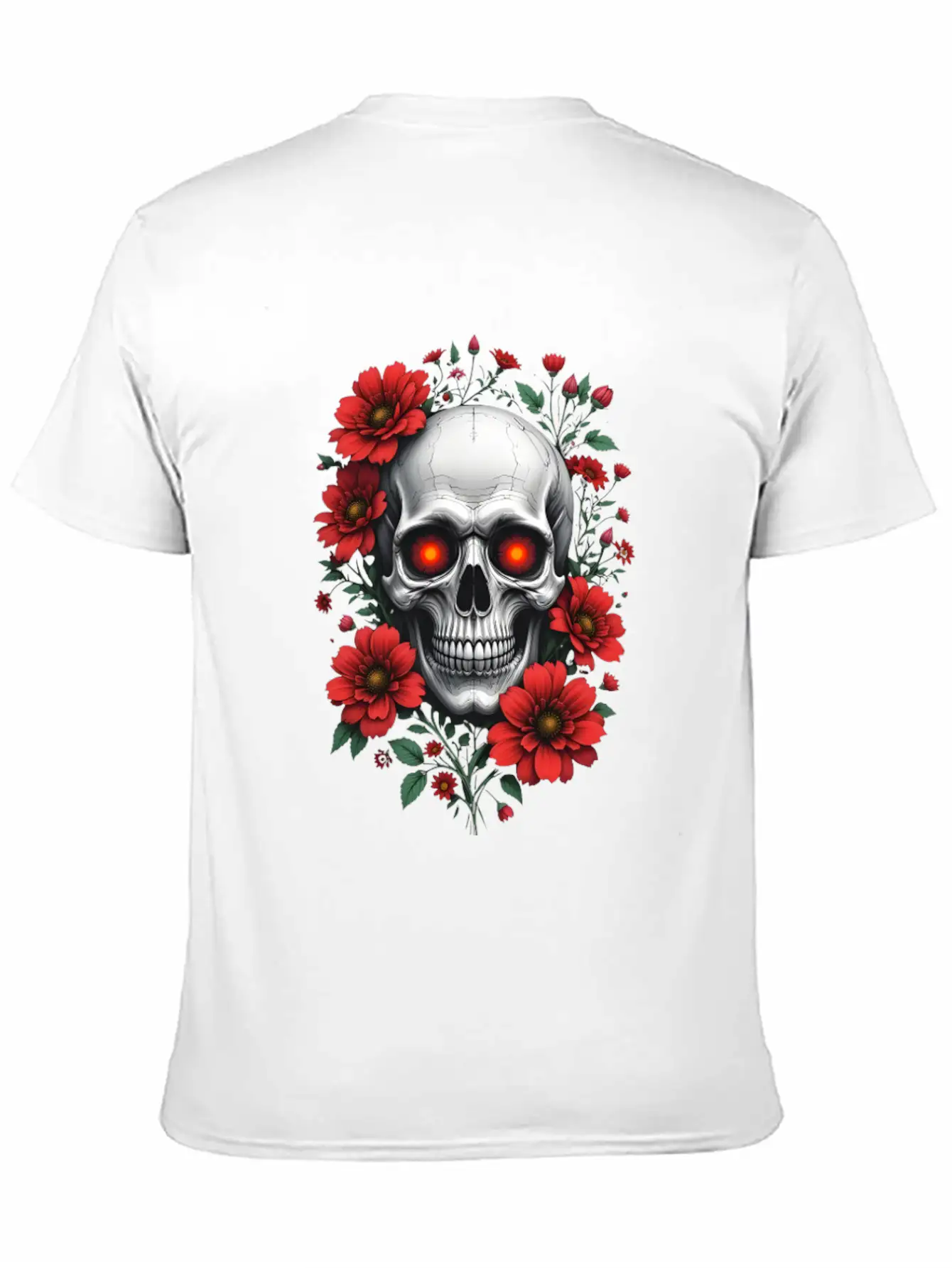 Gothic Skull And Red Floral Edgy Artistic Stylish Everyday T-Shirt – Unisex Basic Cotton Tee