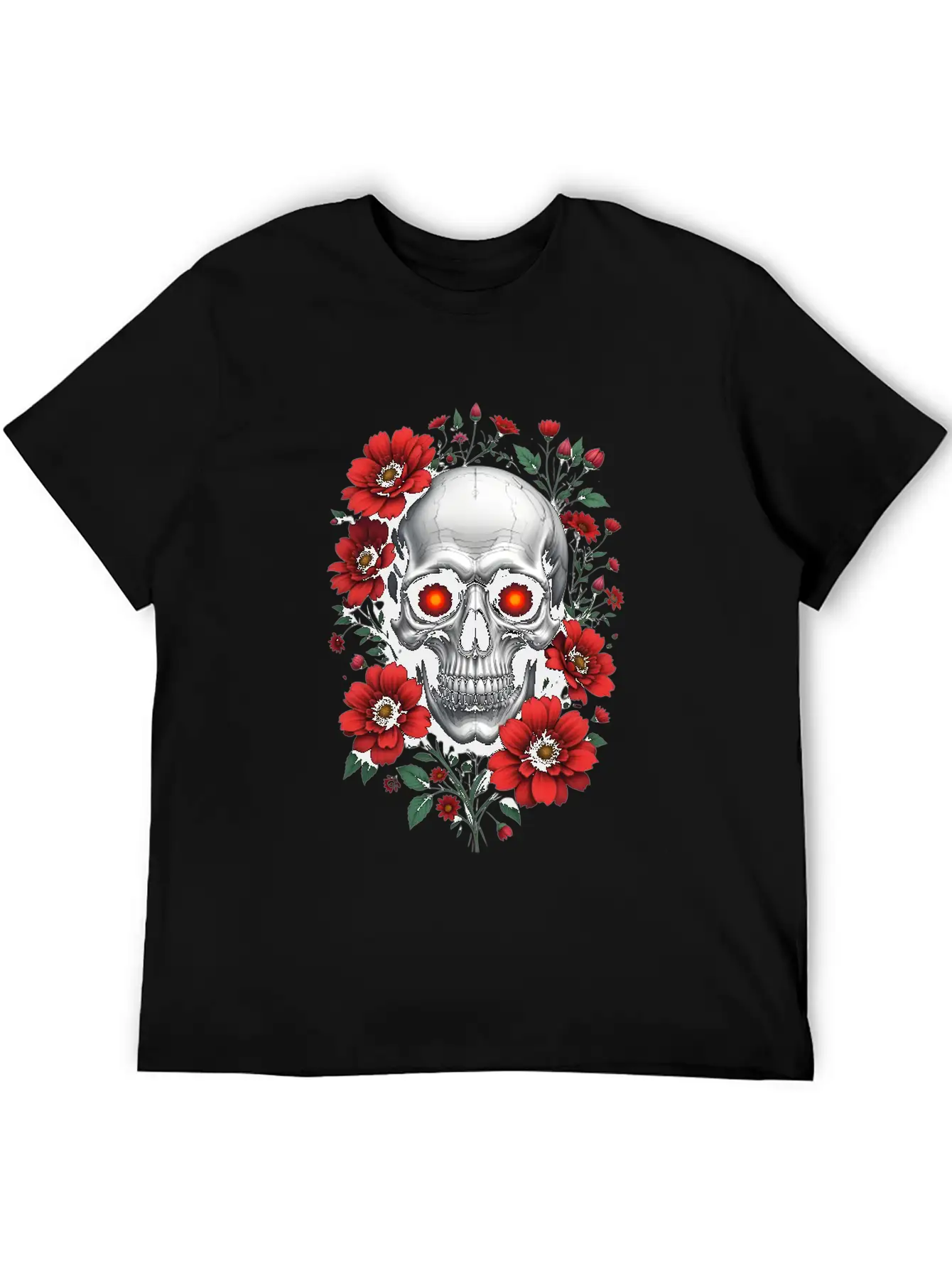 Gothic Skull And Red Floral Edgy Artistic Stylish Everyday T-Shirt – Unisex Basic Cotton Tee