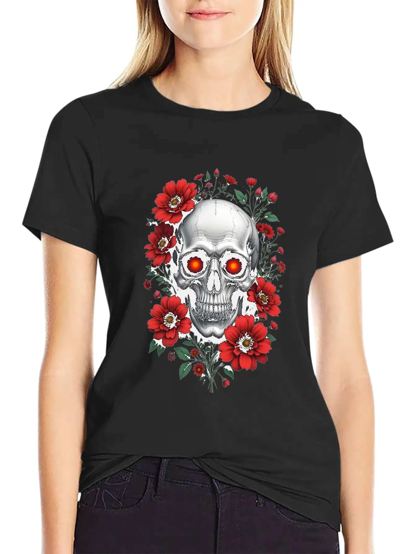 Gothic Skull And Red Floral Edgy Artistic Stylish Everyday T-Shirt – Unisex Basic Cotton Tee