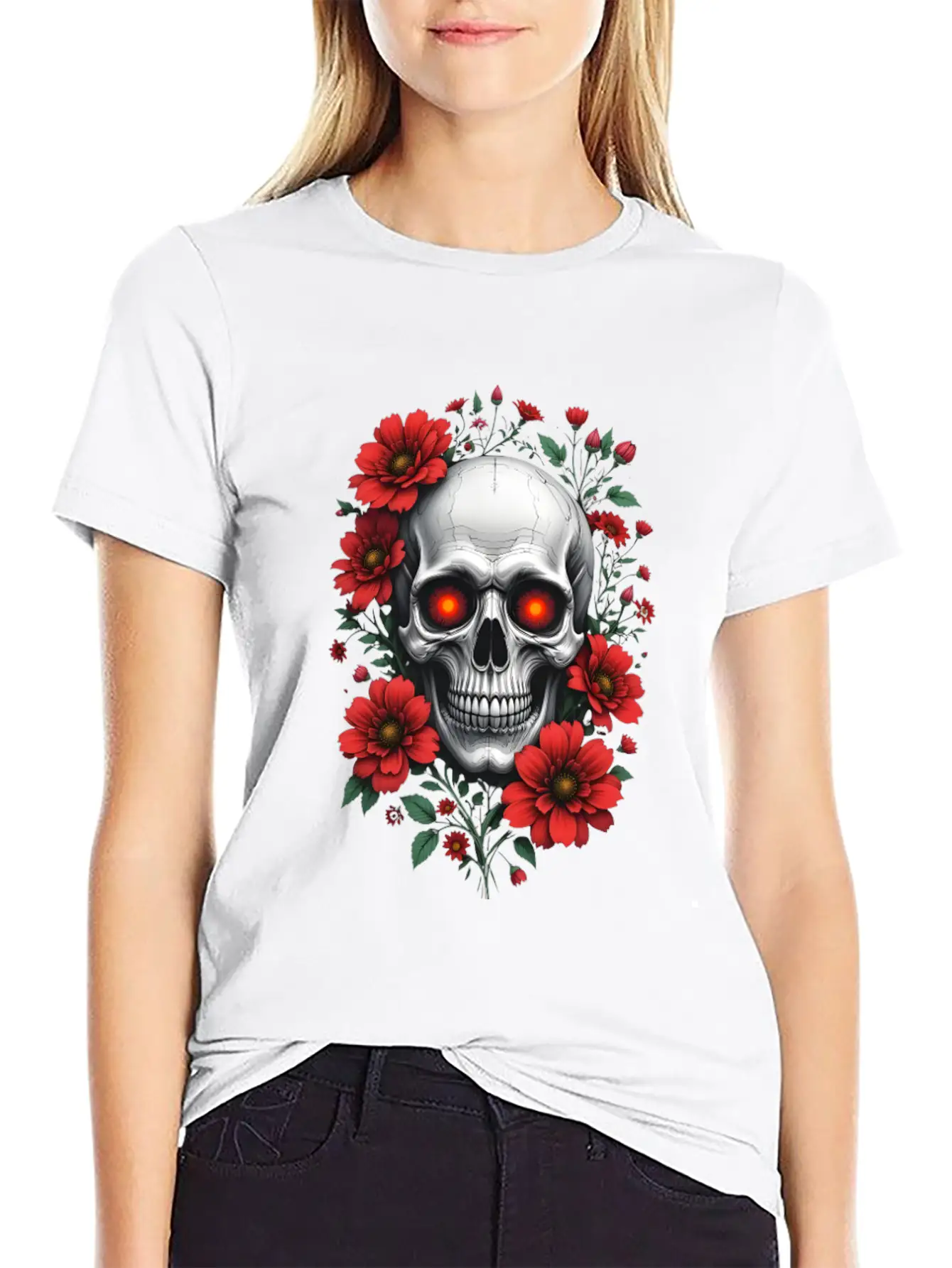 Gothic Skull And Red Floral Edgy Artistic Stylish Everyday T-Shirt – Unisex Basic Cotton Tee
