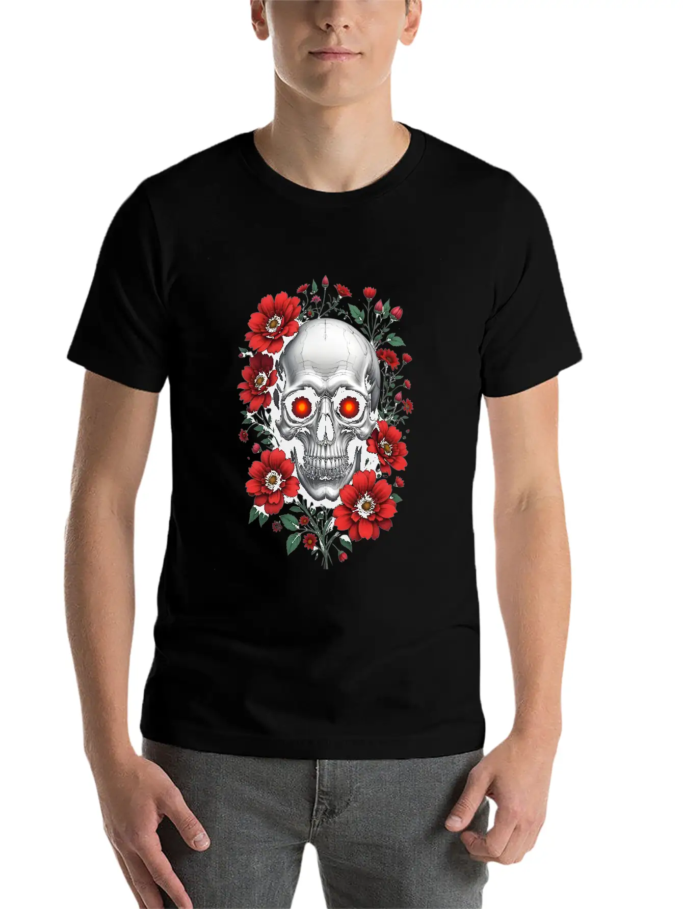 Gothic Skull And Red Floral Edgy Artistic Stylish Everyday T-Shirt – Unisex Basic Cotton Tee