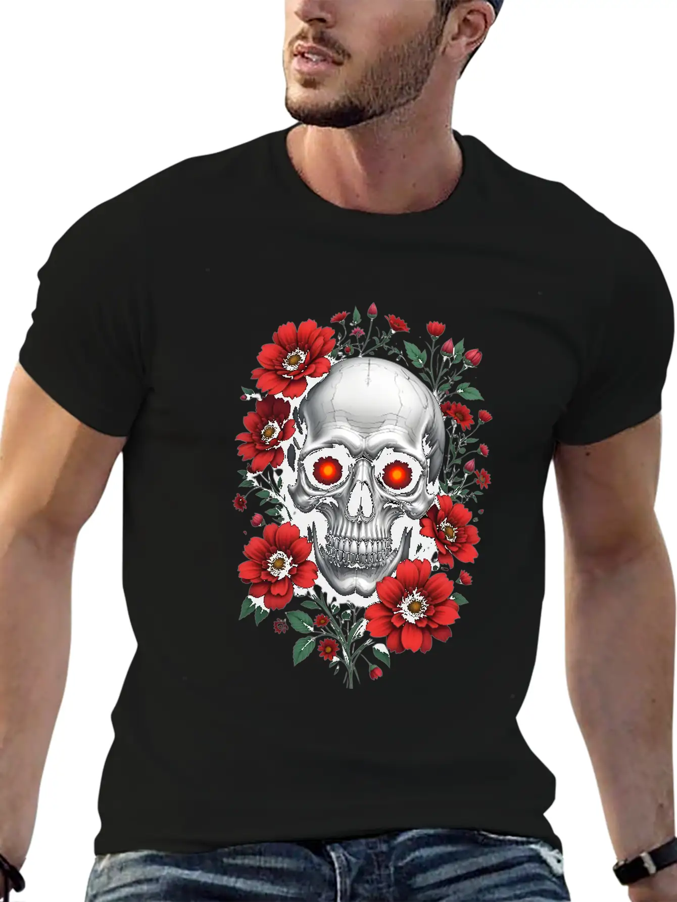 Gothic Skull And Red Floral Edgy Artistic Stylish Everyday T-Shirt – Unisex Basic Cotton Tee