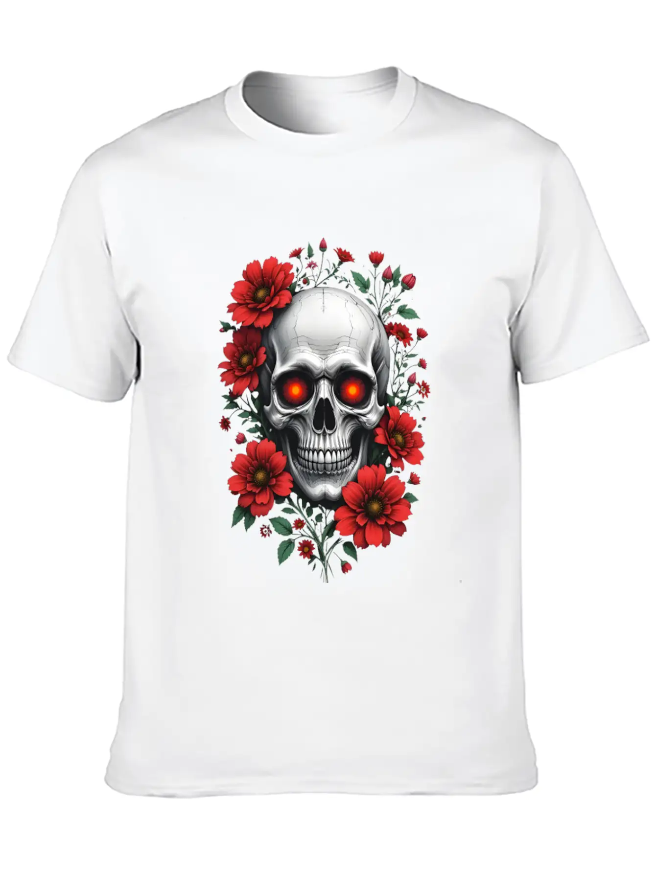 Gothic Skull And Red Floral Edgy Artistic Stylish Everyday T-Shirt – Unisex Basic Cotton Tee