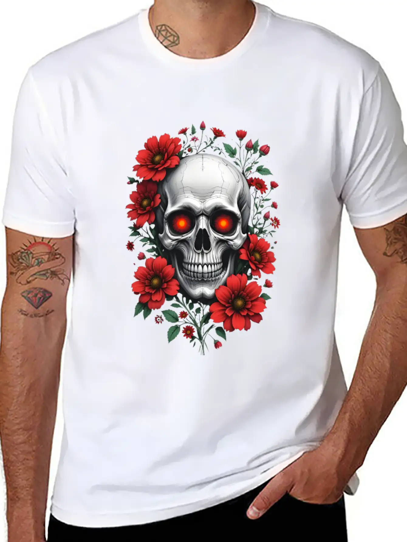 Gothic Skull And Red Floral Edgy Artistic Stylish Everyday T-Shirt – Unisex Basic Cotton Tee