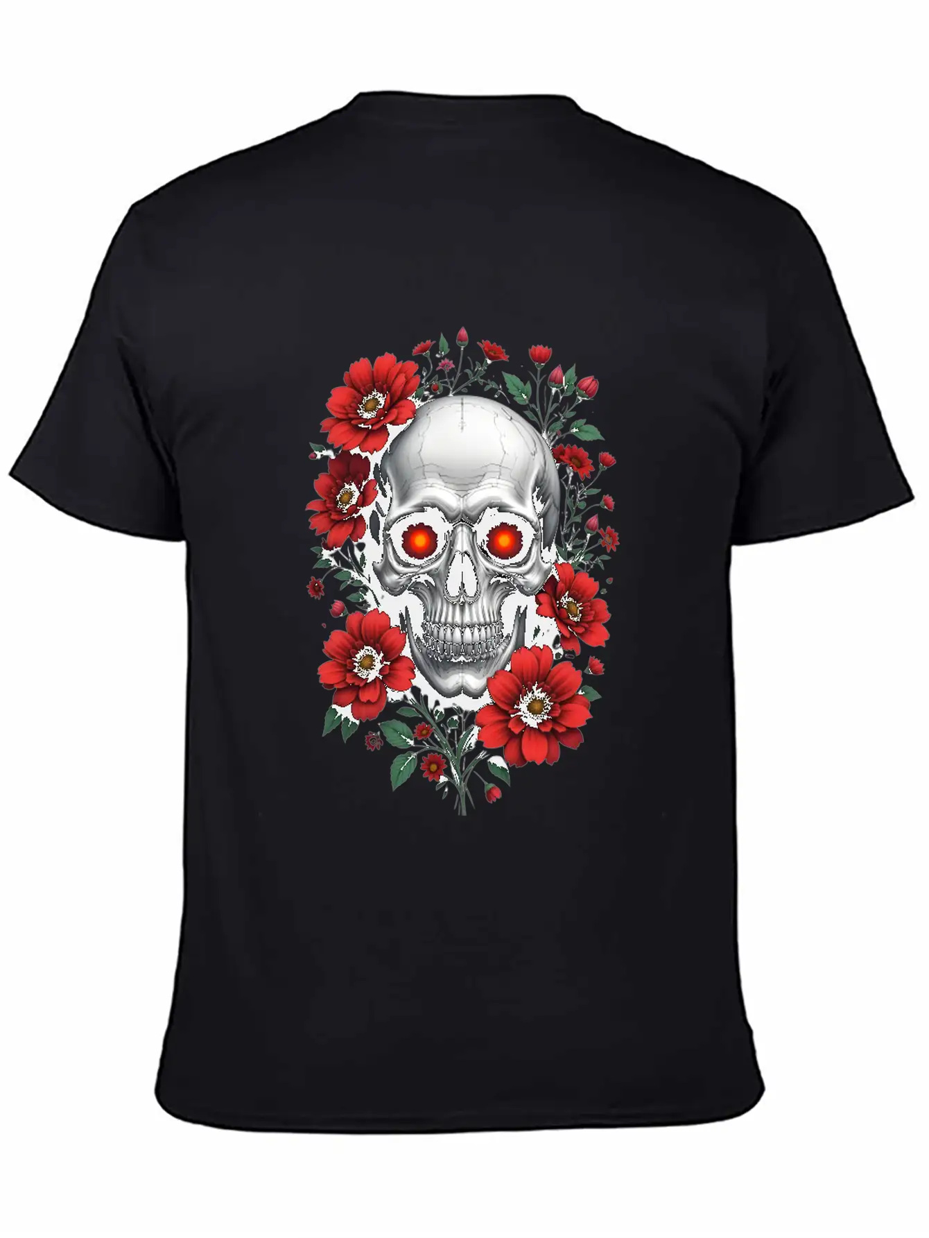 Gothic Skull And Red Floral Edgy Artistic Stylish Everyday T-Shirt – Unisex Basic Cotton Tee
