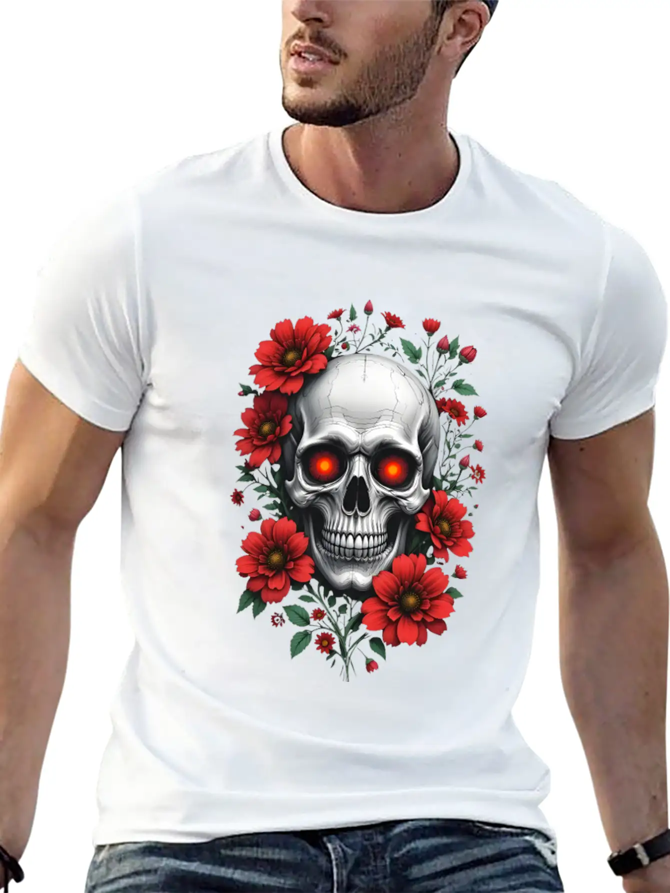Gothic Skull And Red Floral Edgy Artistic Stylish Everyday T-Shirt – Unisex Basic Cotton Tee