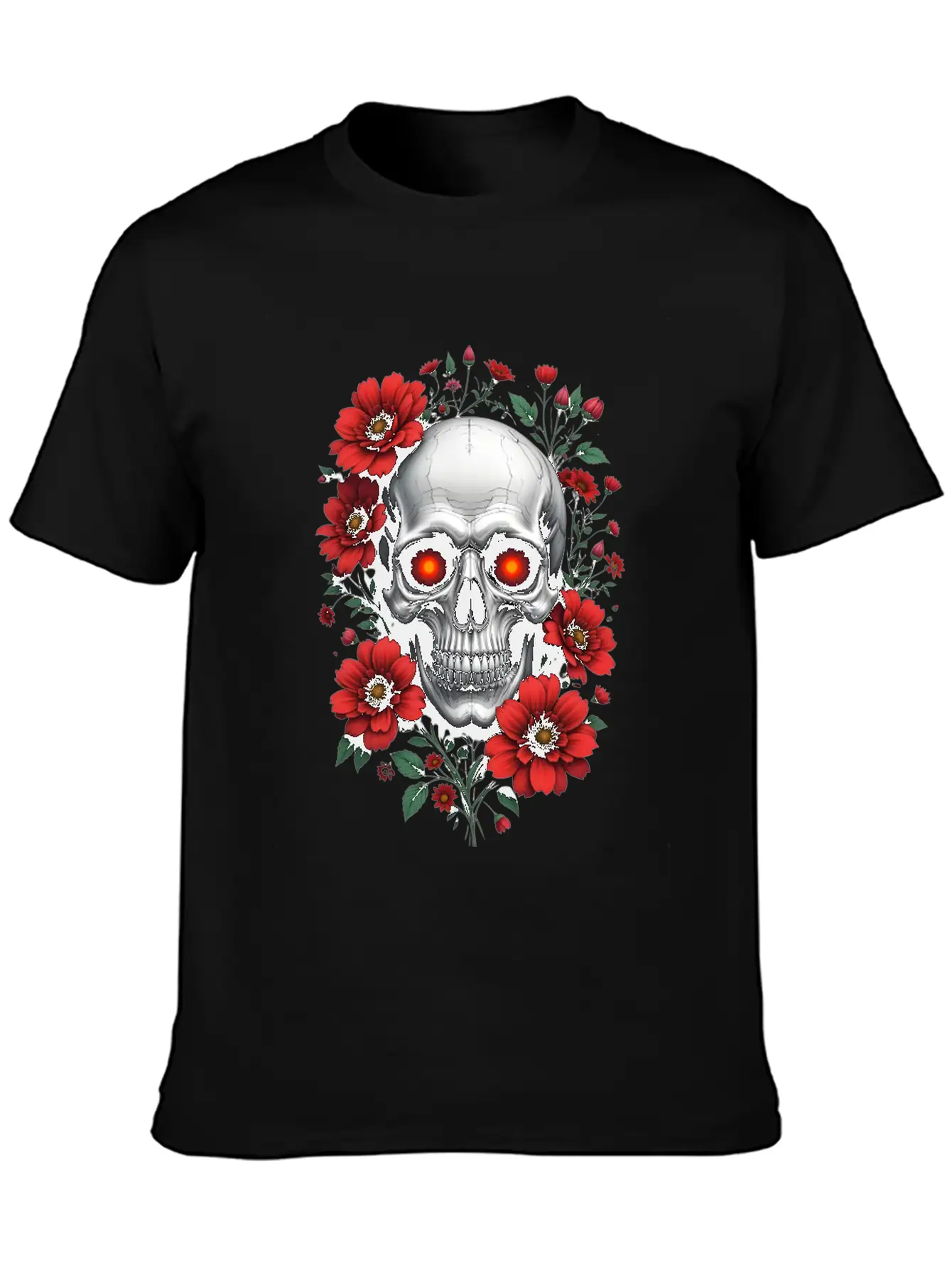 Gothic Skull And Red Floral Edgy Artistic Stylish Everyday T-Shirt – Unisex Basic Cotton Tee