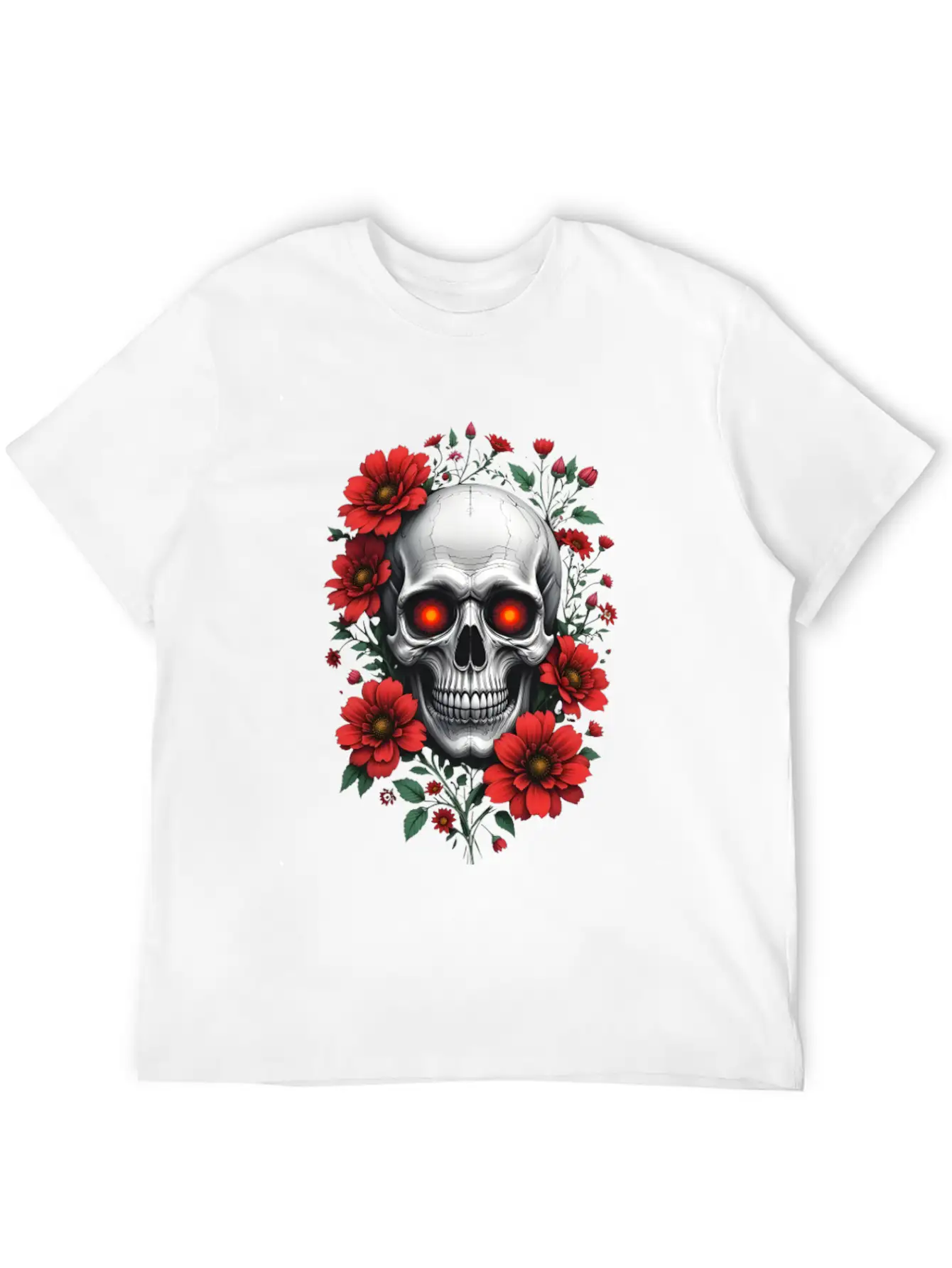 Gothic Skull And Red Floral Edgy Artistic Stylish Everyday T-Shirt – Unisex Basic Cotton Tee