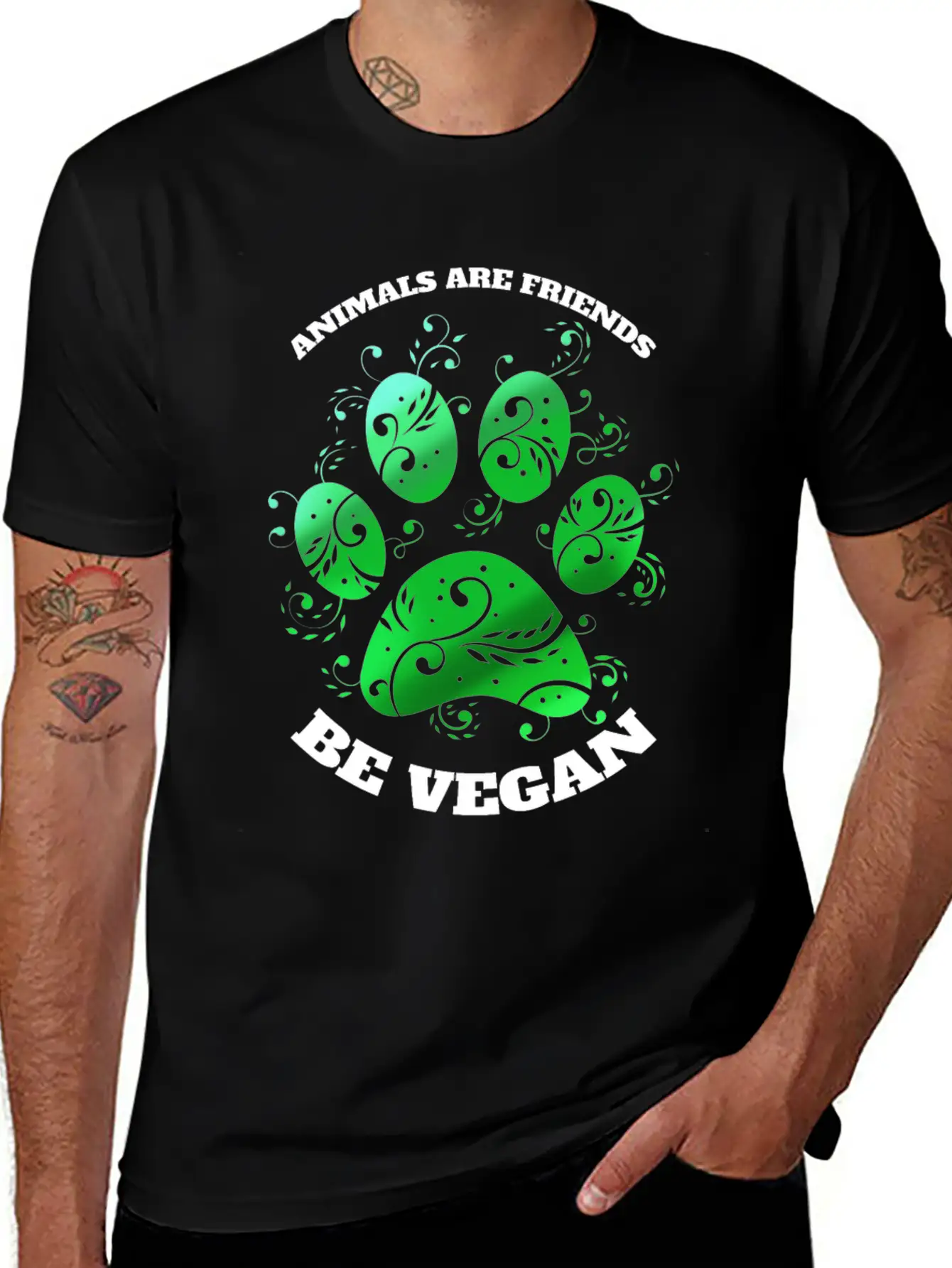 Green Paw - Animals Are Friends - Vegetarians Go Essential Unisex Summer Tee – Soft Cotton Casual Fit