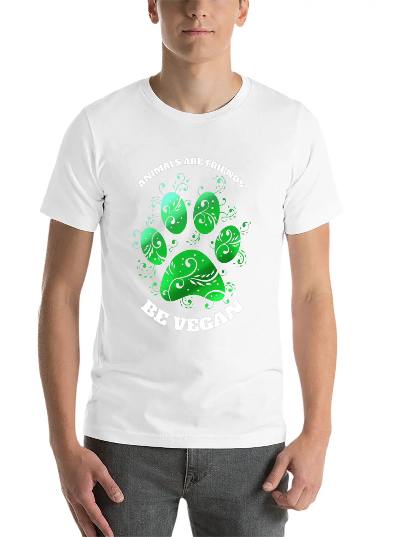 Green Paw - Animals Are Friends - Vegetarians Go Essential Unisex Summer Tee – Soft Cotton Casual Fit