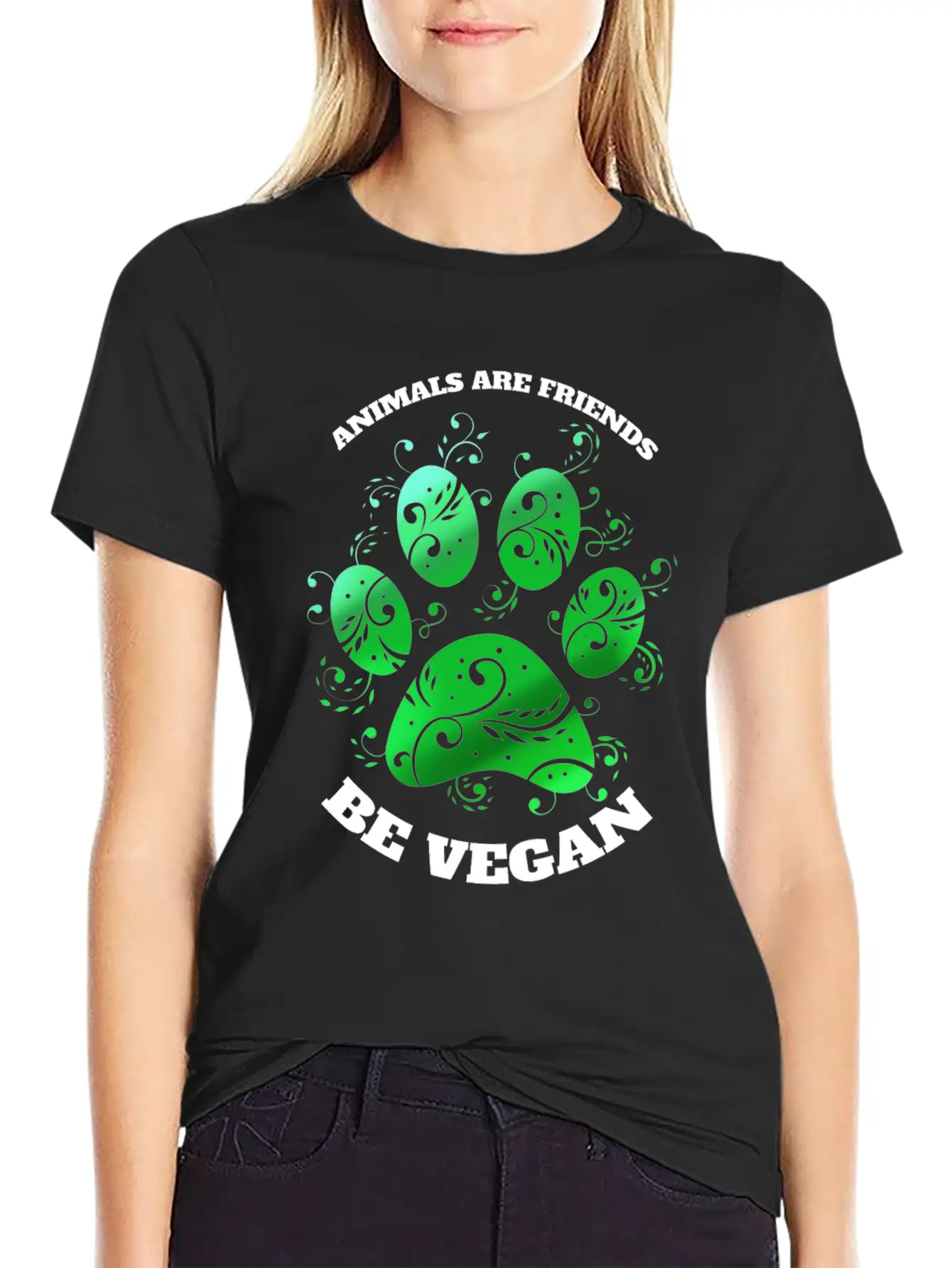 Green Paw - Animals Are Friends - Vegetarians Go Essential Unisex Summer Tee – Soft Cotton Casual Fit