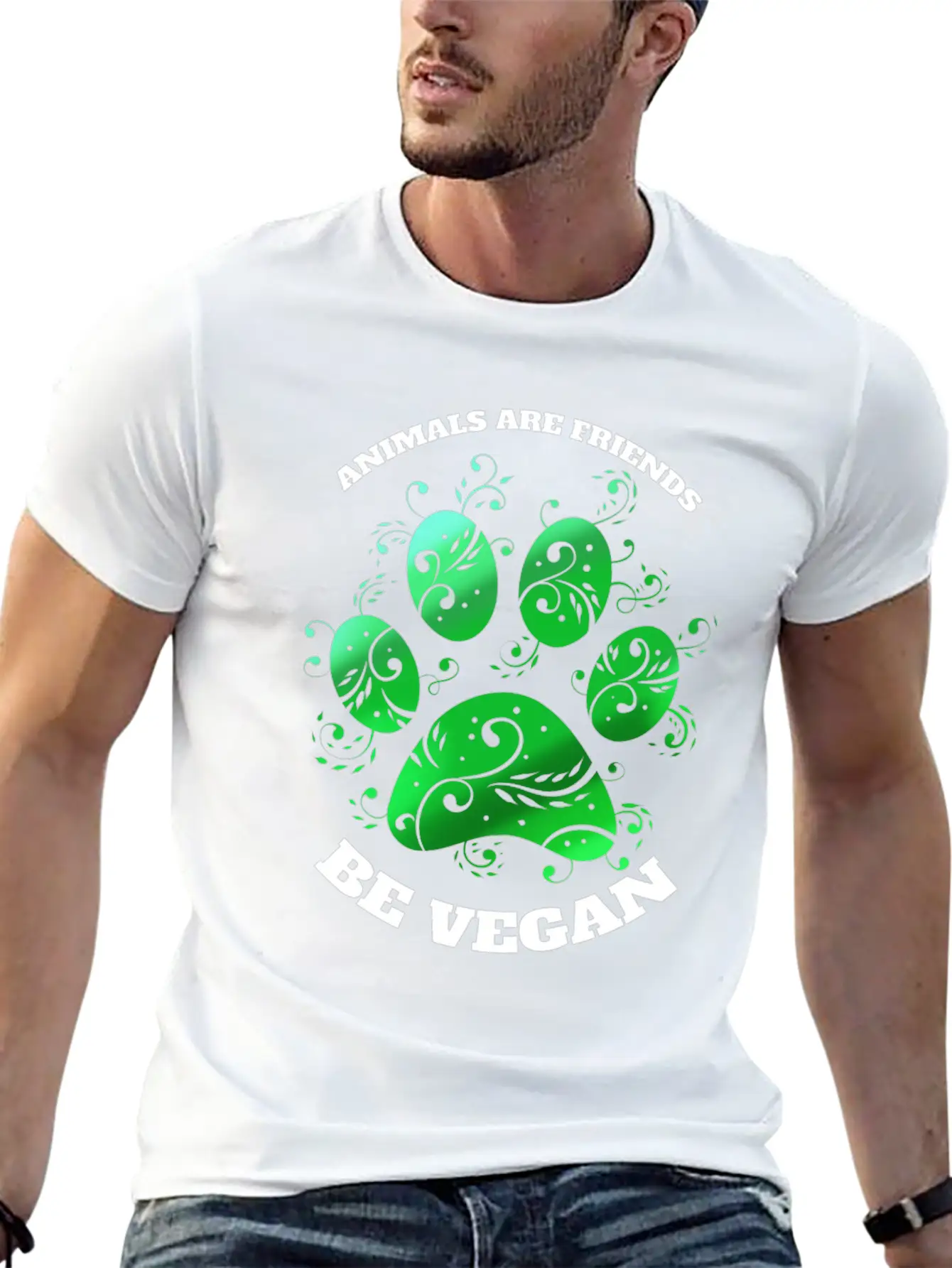 Green Paw - Animals Are Friends - Vegetarians Go Essential Unisex Summer Tee – Soft Cotton Casual Fit