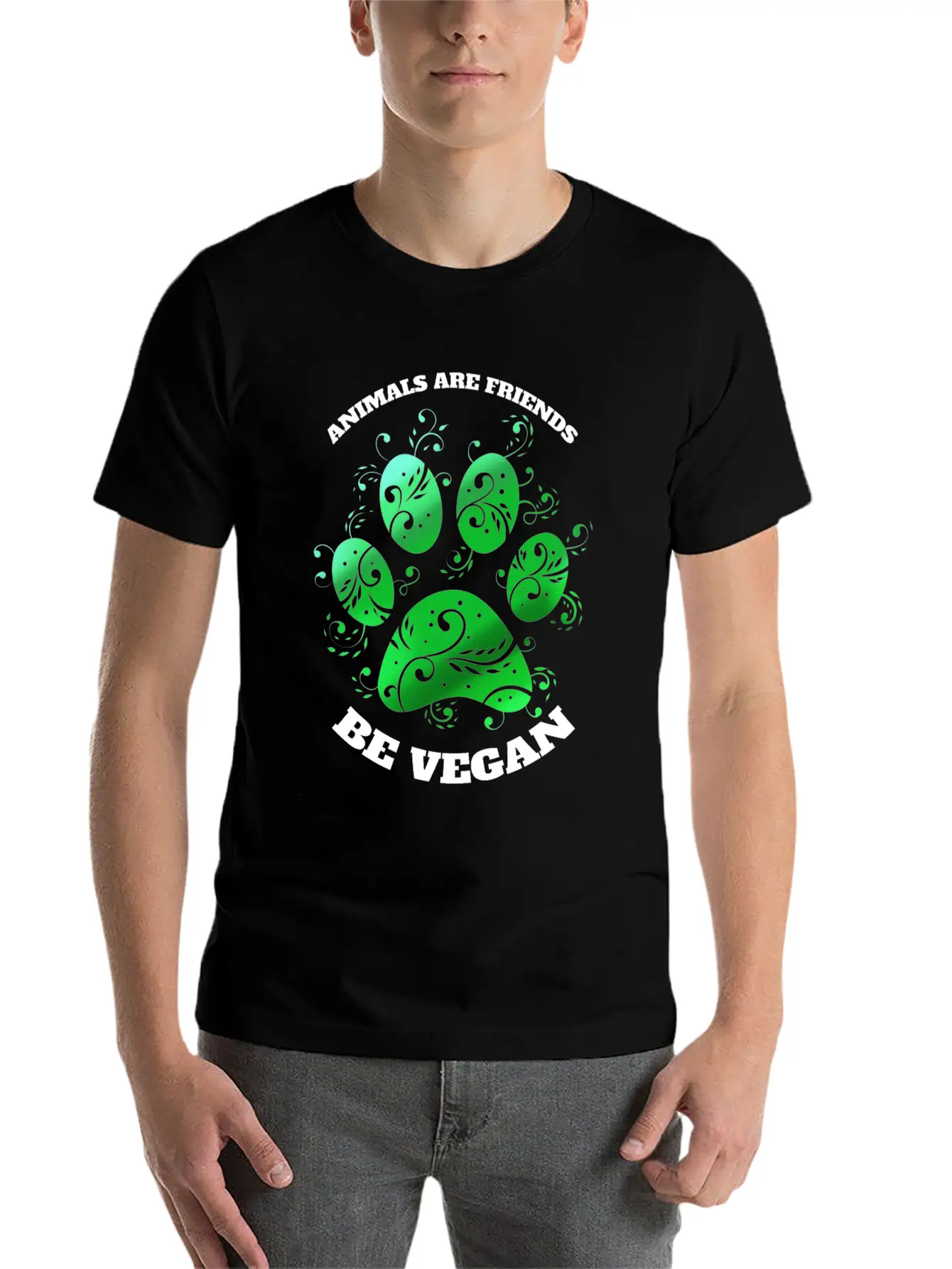 Green Paw - Animals Are Friends - Vegetarians Go Essential Unisex Summer Tee – Soft Cotton Casual Fit