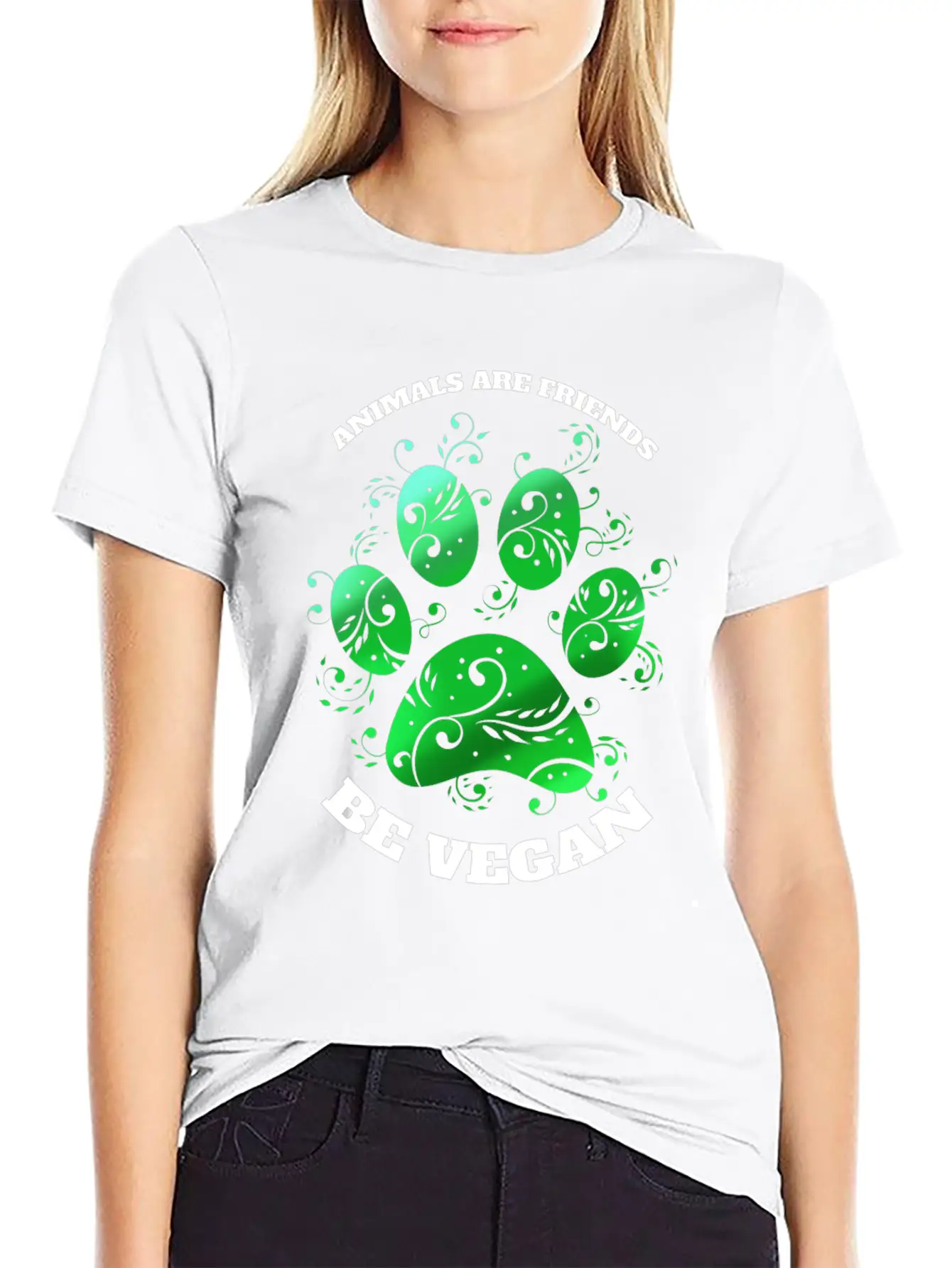 Green Paw - Animals Are Friends - Vegetarians Go Essential Unisex Summer Tee – Soft Cotton Casual Fit