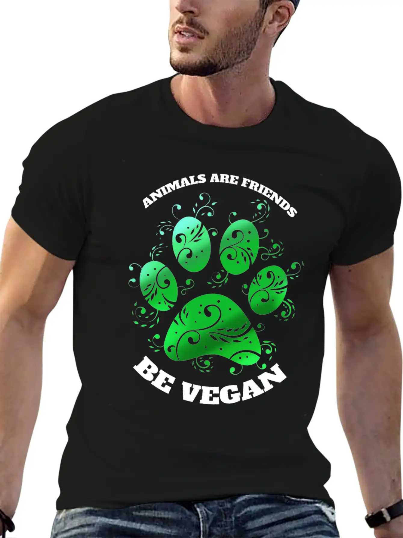 Green Paw - Animals Are Friends - Vegetarians Go Essential Unisex Summer Tee – Soft Cotton Casual Fit