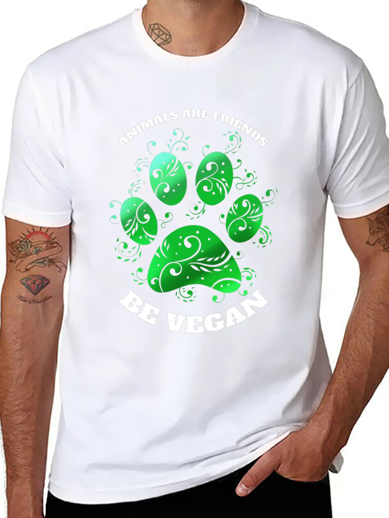Green Paw - Animals Are Friends - Vegetarians Go Essential Unisex Summer Tee – Soft Cotton Casual Fit