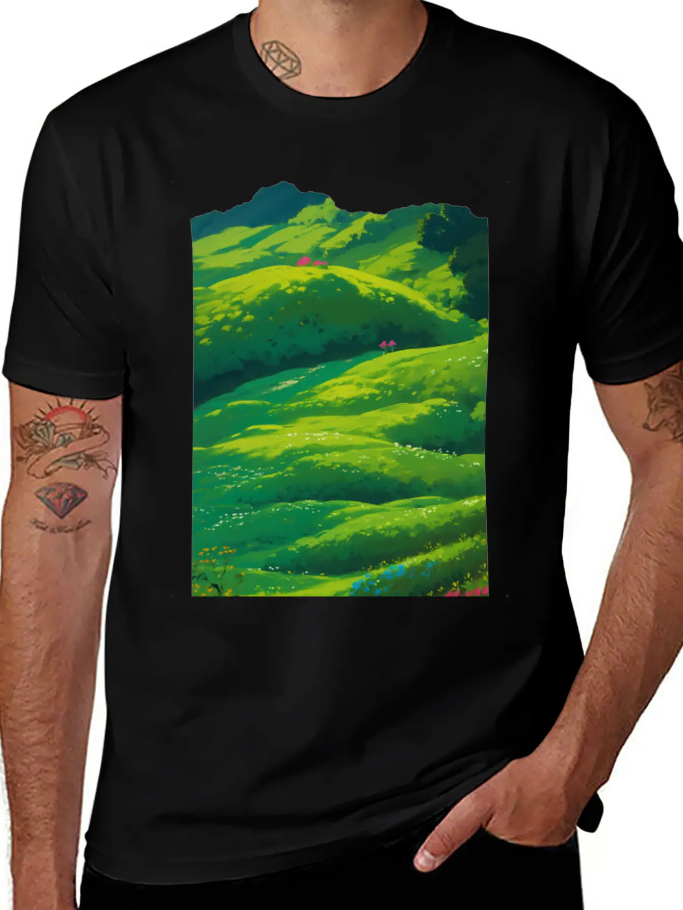 Green Spring Meadow In Ghibli Style 2 Essential Unisex Summer Tee – Soft Cotton Casual Fit
