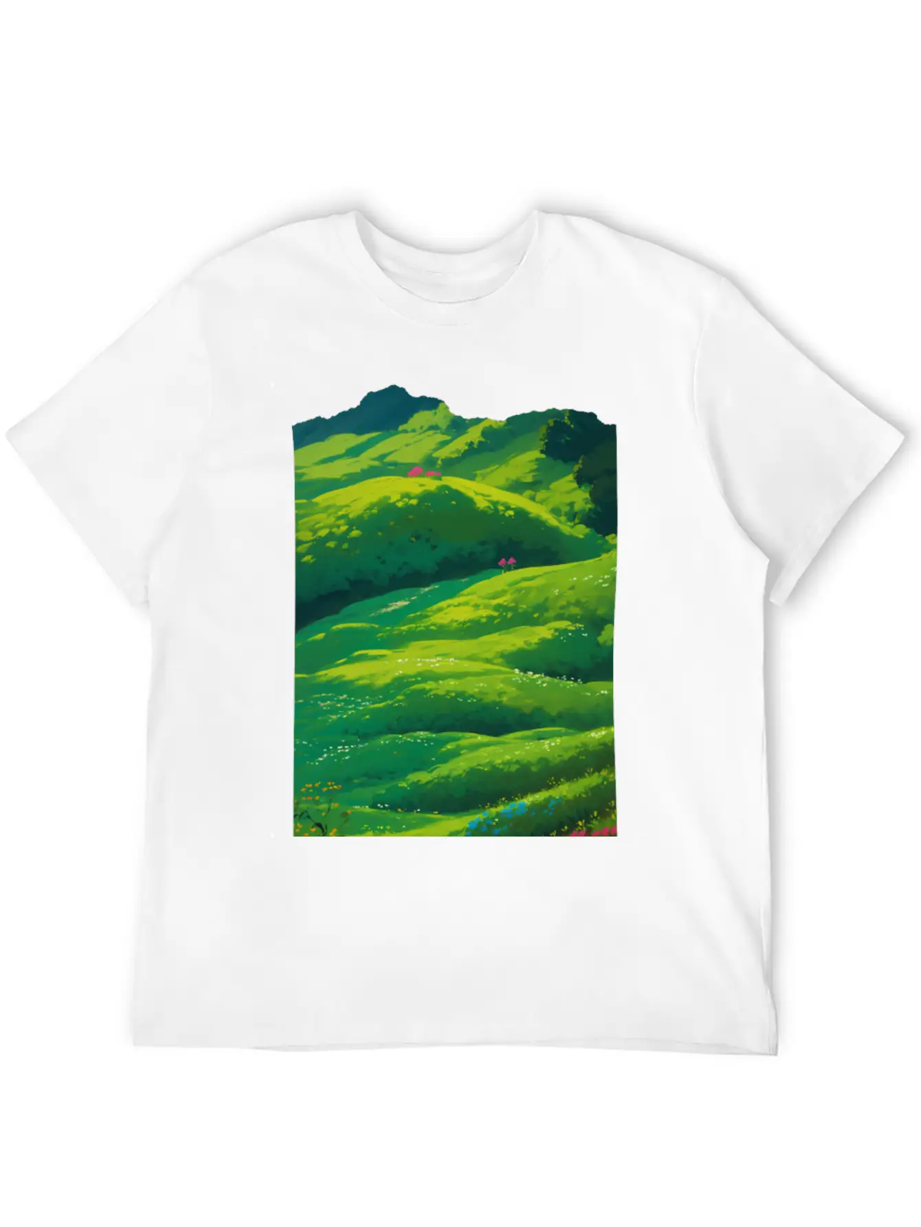 Green Spring Meadow In Ghibli Style 2 Essential Unisex Summer Tee – Soft Cotton Casual Fit