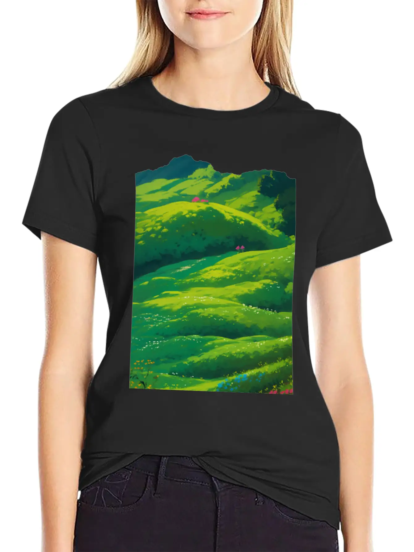 Green Spring Meadow In Ghibli Style 2 Essential Unisex Summer Tee – Soft Cotton Casual Fit
