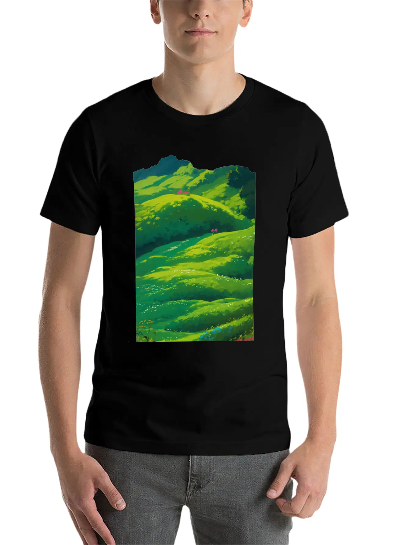Green Spring Meadow In Ghibli Style 2 Essential Unisex Summer Tee – Soft Cotton Casual Fit
