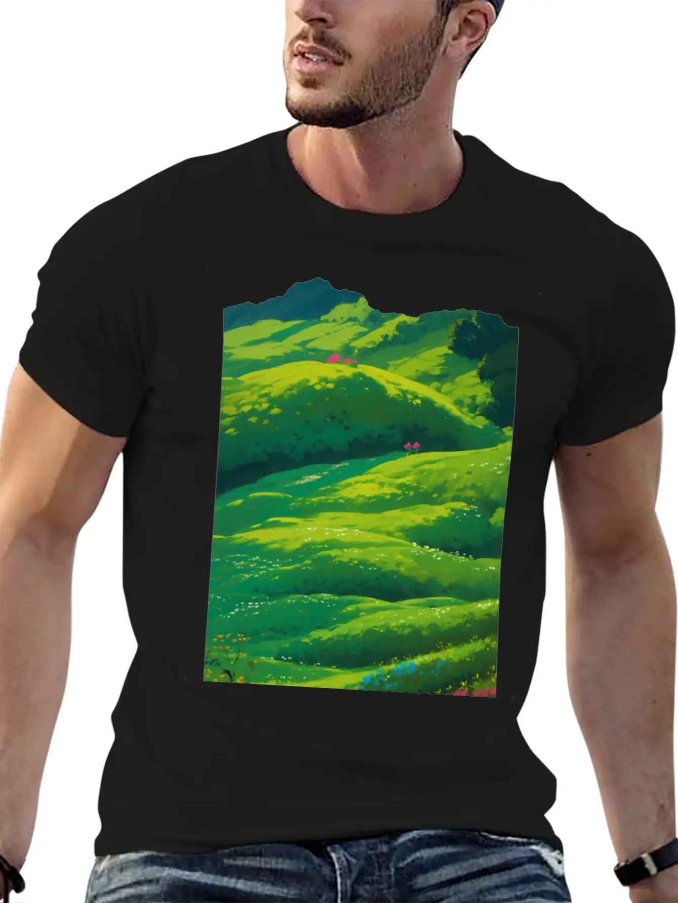 Green Spring Meadow In Ghibli Style 2 Essential Unisex Summer Tee – Soft Cotton Casual Fit