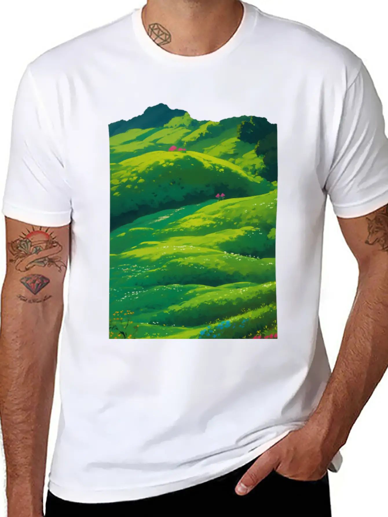 Green Spring Meadow In Ghibli Style 2 Essential Unisex Summer Tee – Soft Cotton Casual Fit