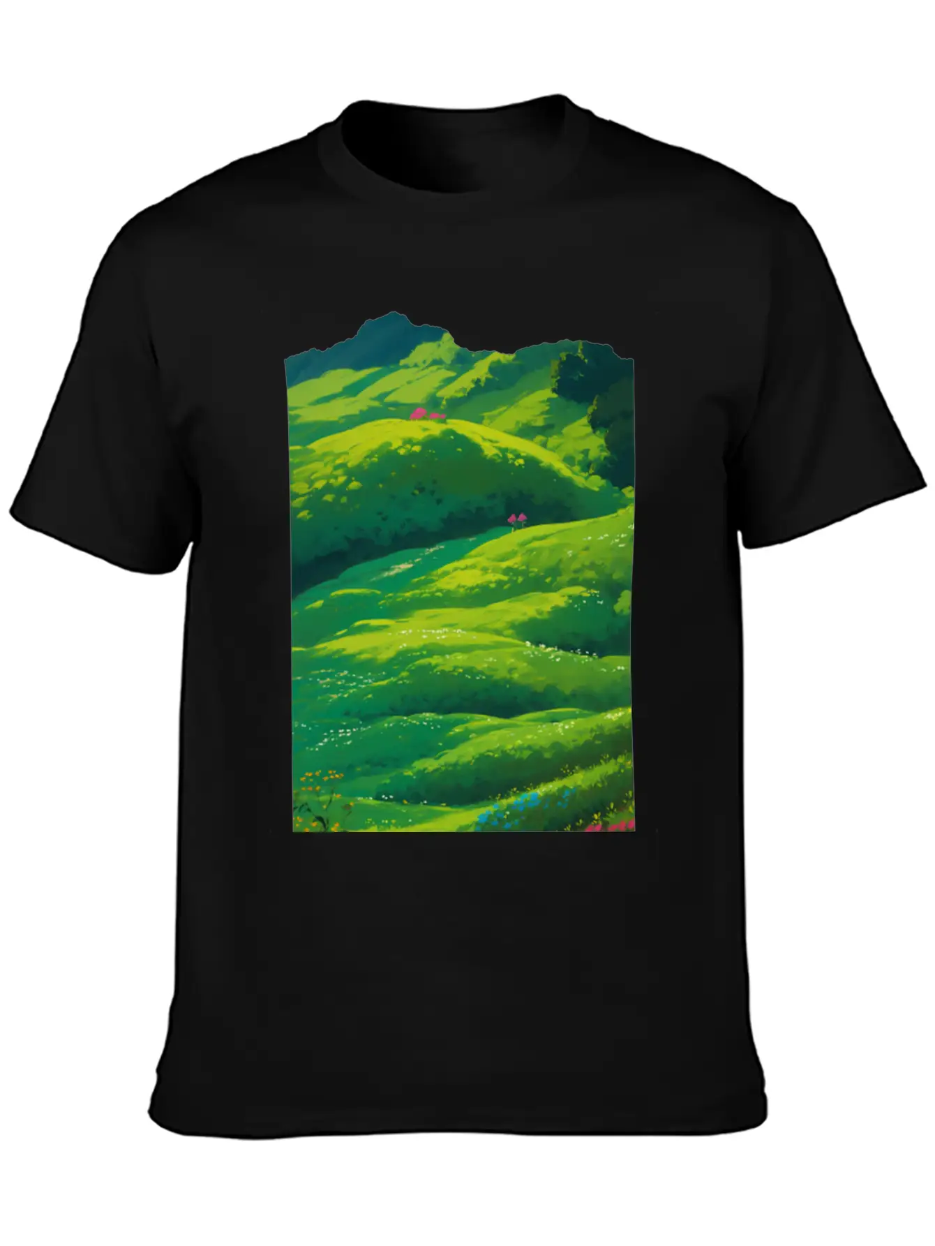 Green Spring Meadow In Ghibli Style 2 Essential Unisex Summer Tee – Soft Cotton Casual Fit