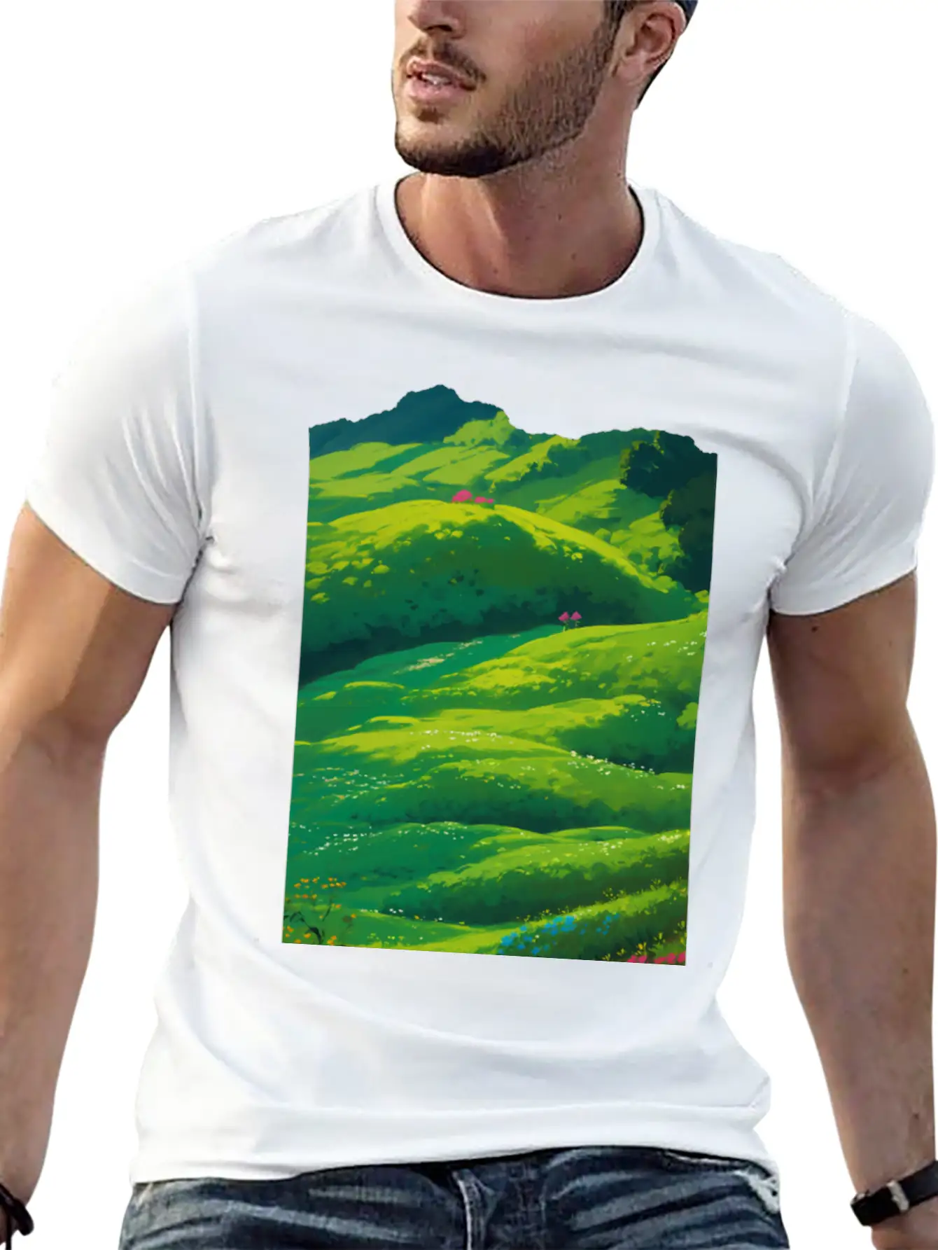 Green Spring Meadow In Ghibli Style 2 Essential Unisex Summer Tee – Soft Cotton Casual Fit