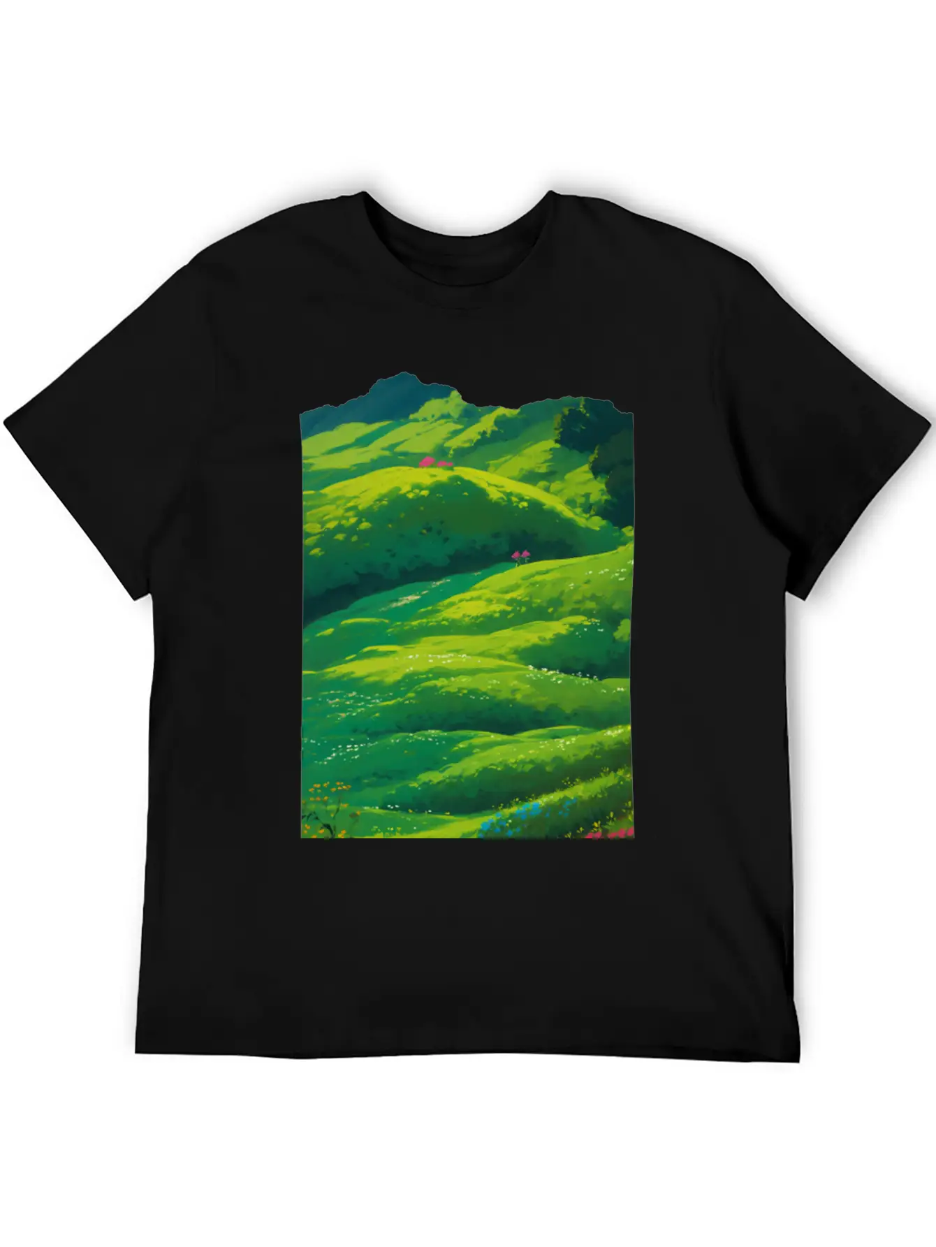 Green Spring Meadow In Ghibli Style 2 Essential Unisex Summer Tee – Soft Cotton Casual Fit