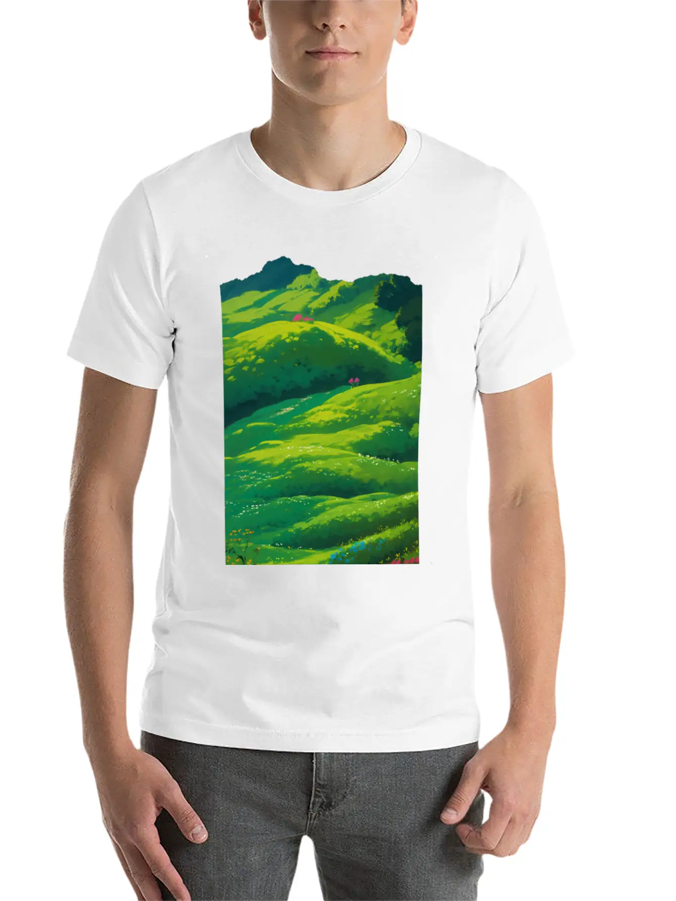 Green Spring Meadow In Ghibli Style 2 Essential Unisex Summer Tee – Soft Cotton Casual Fit