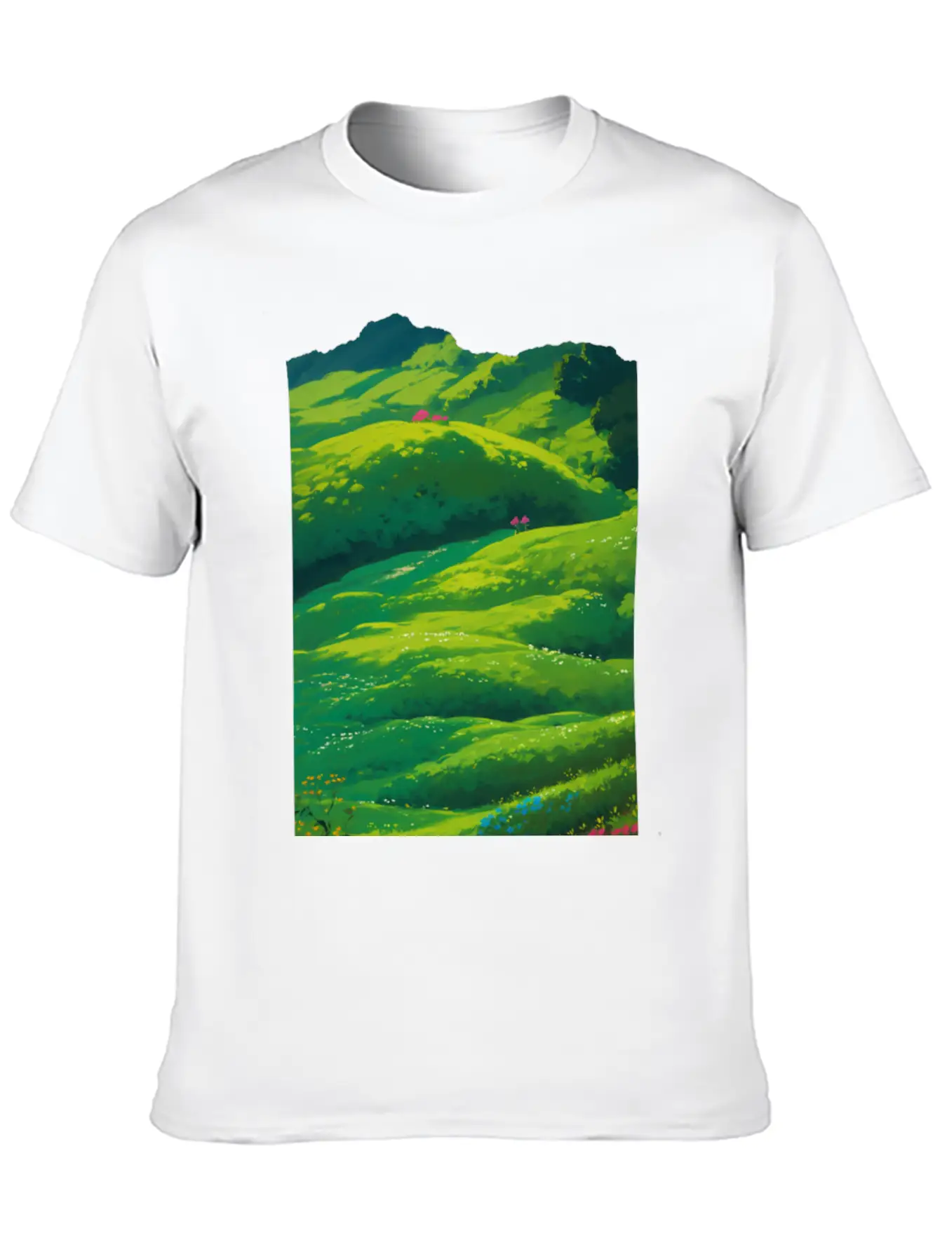 Green Spring Meadow In Ghibli Style 2 Essential Unisex Summer Tee – Soft Cotton Casual Fit