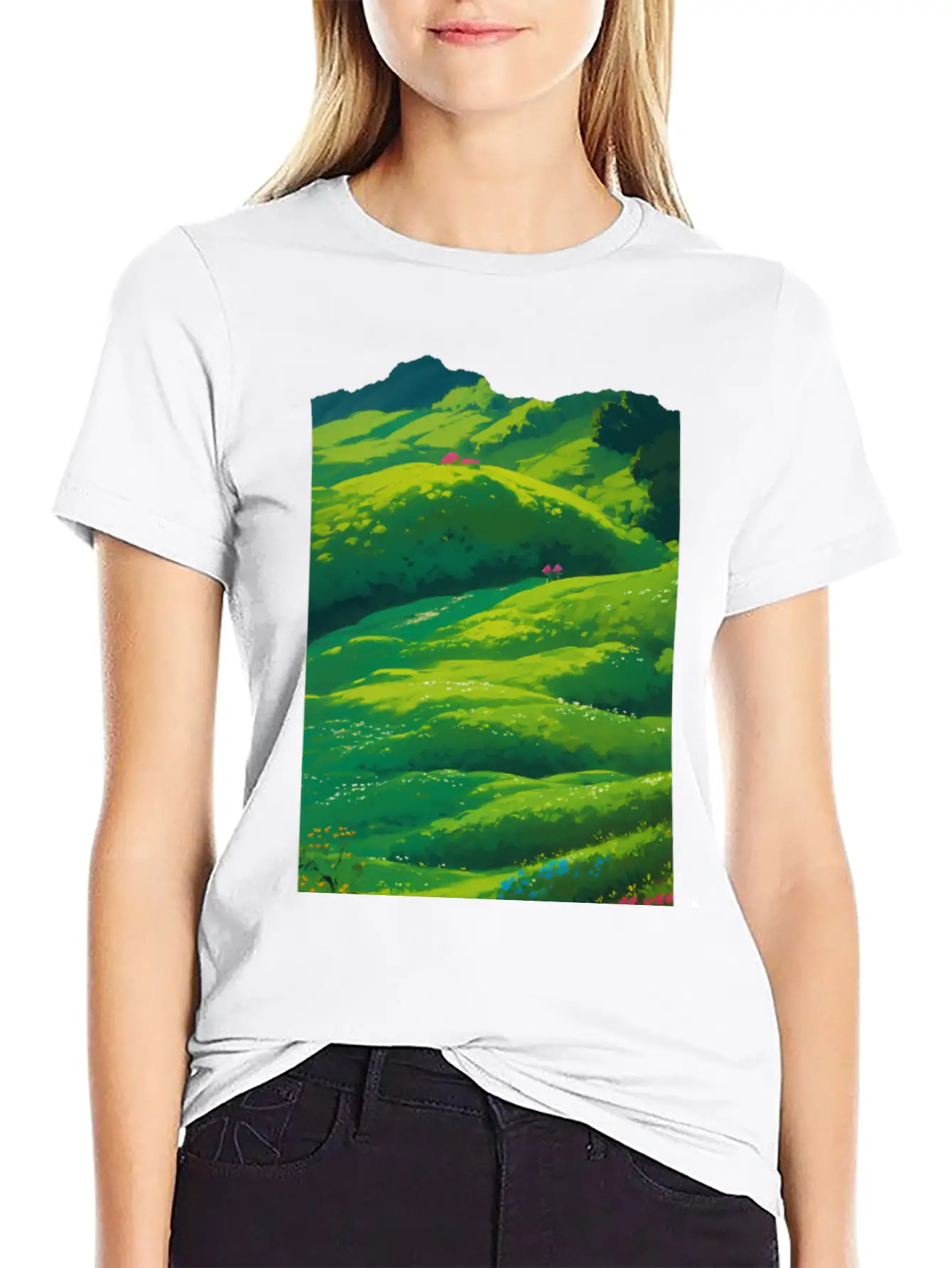 Green Spring Meadow In Ghibli Style 2 Essential Unisex Summer Tee – Soft Cotton Casual Fit