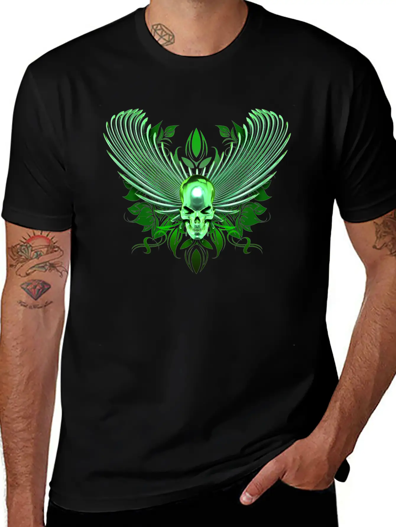 Green Winged Chrome Skull Timeless Short Sleeve Tee – Comfy And Minimalist Design